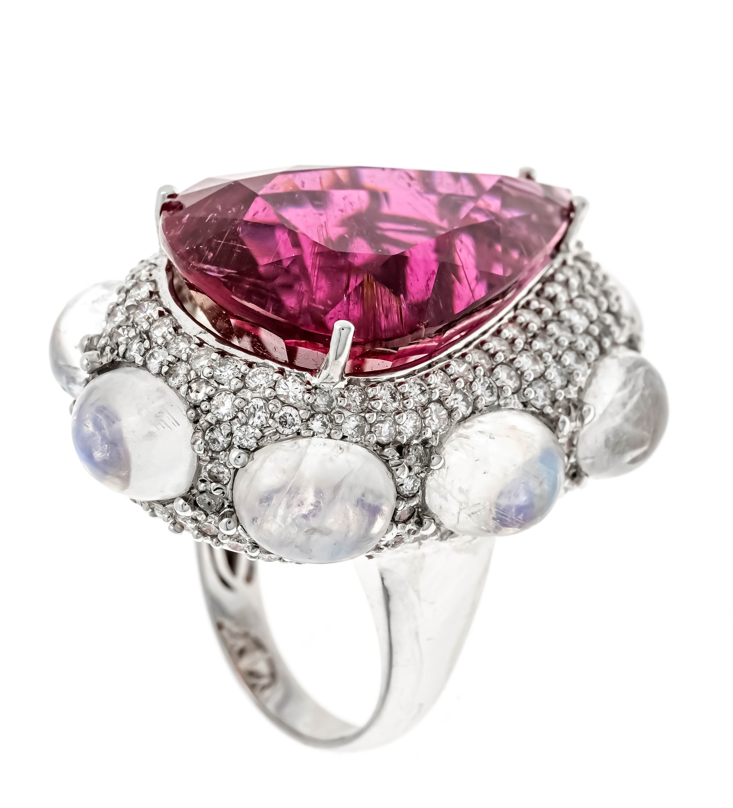 Rubellite-moonstone-brilliant ring WG 750/000 with a drop-cut faceted tourmaline ca. 33,10 ct - Image 3 of 5