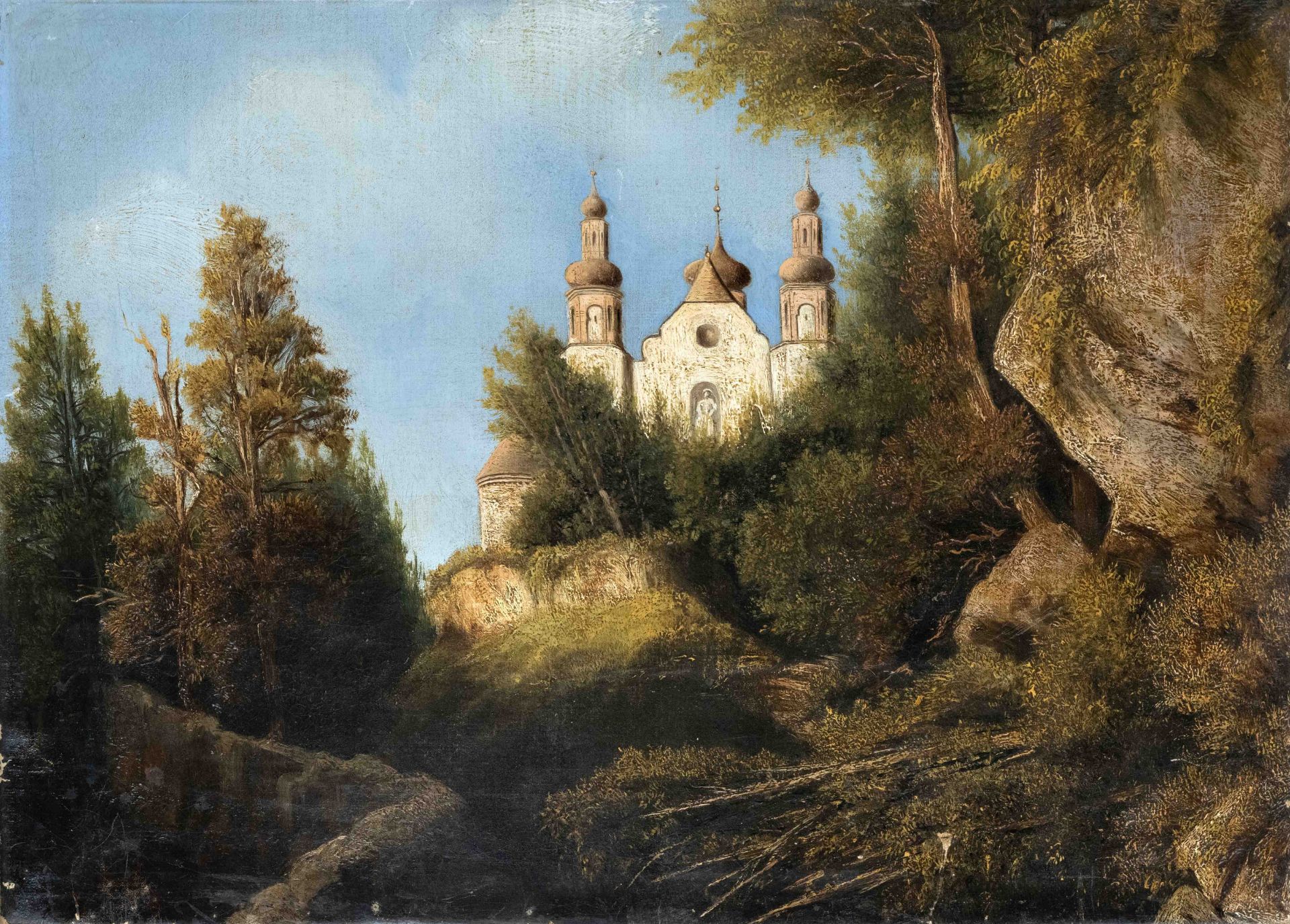 Southern German painter of the 19th century, landscape with Bavarian monastery church, oil on