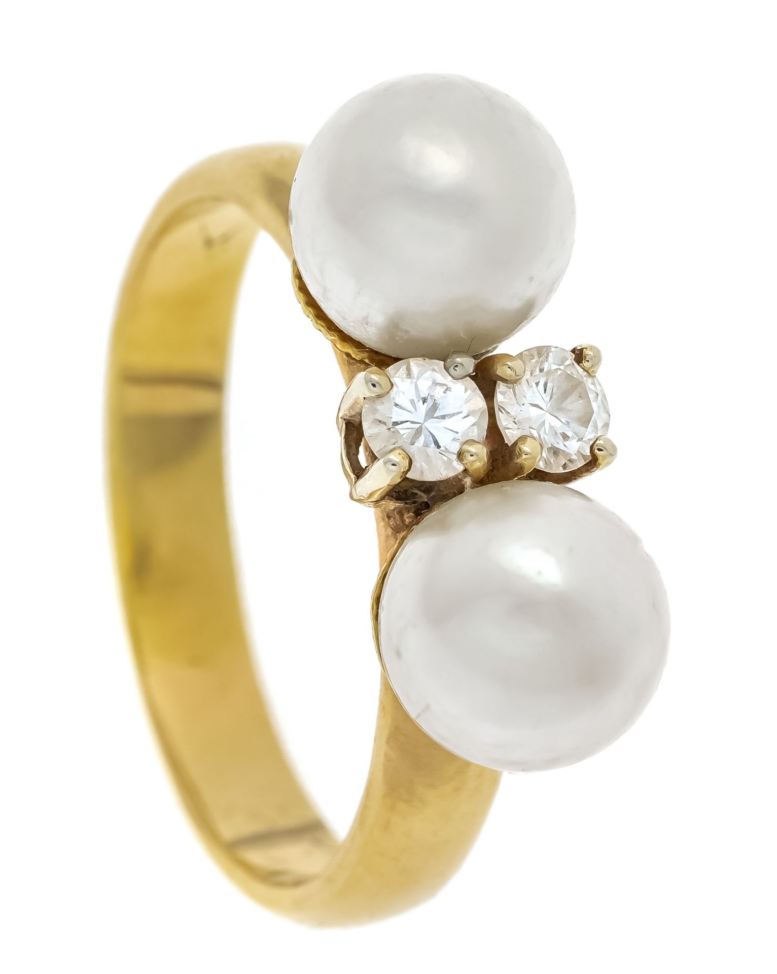 Akoya diamond ring GG 585/000 with 2 creamy white Akoya pearls 7.2 mm and 2 brilliant-cut