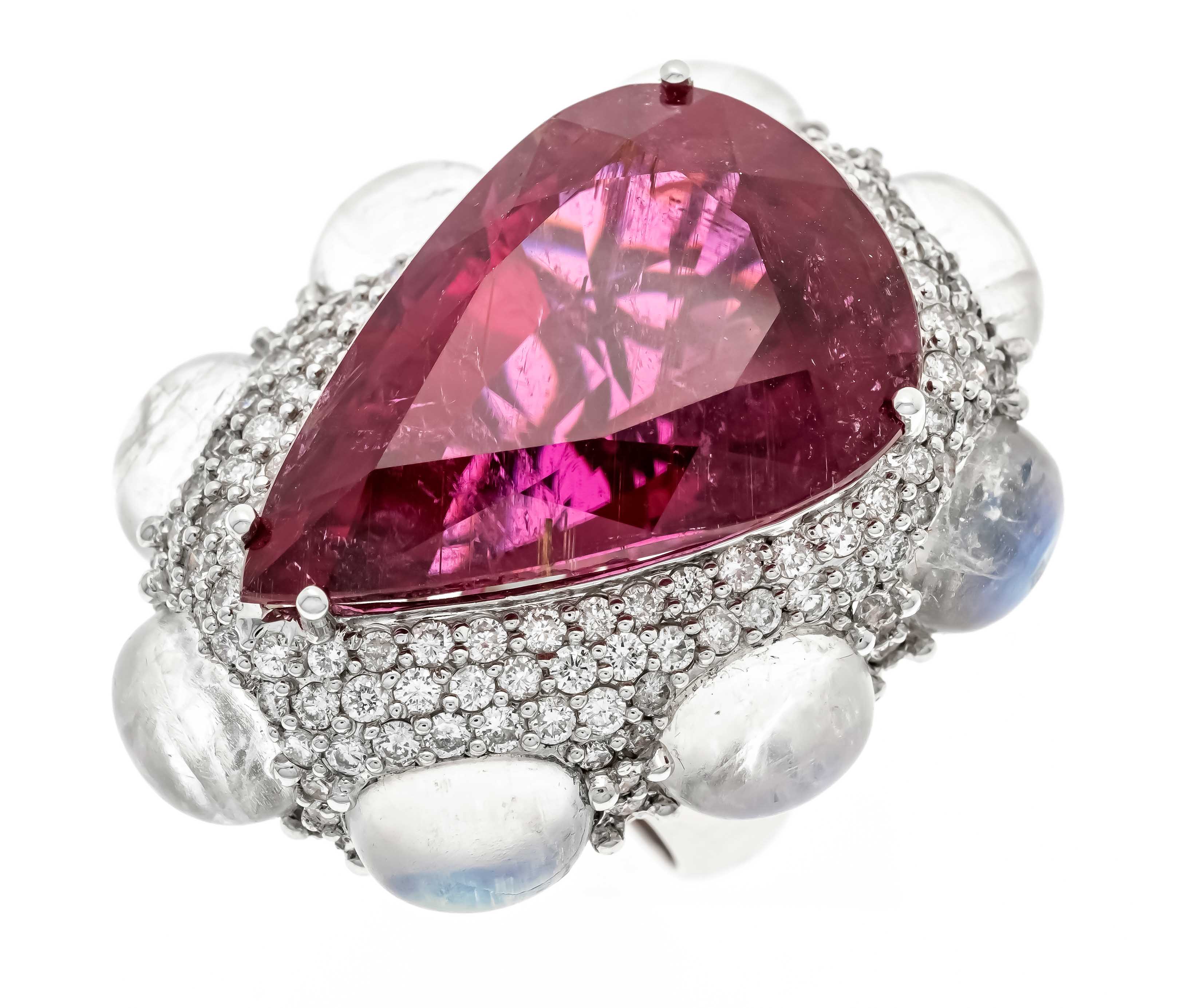 Rubellite-moonstone-brilliant ring WG 750/000 with a drop-cut faceted tourmaline ca. 33,10 ct