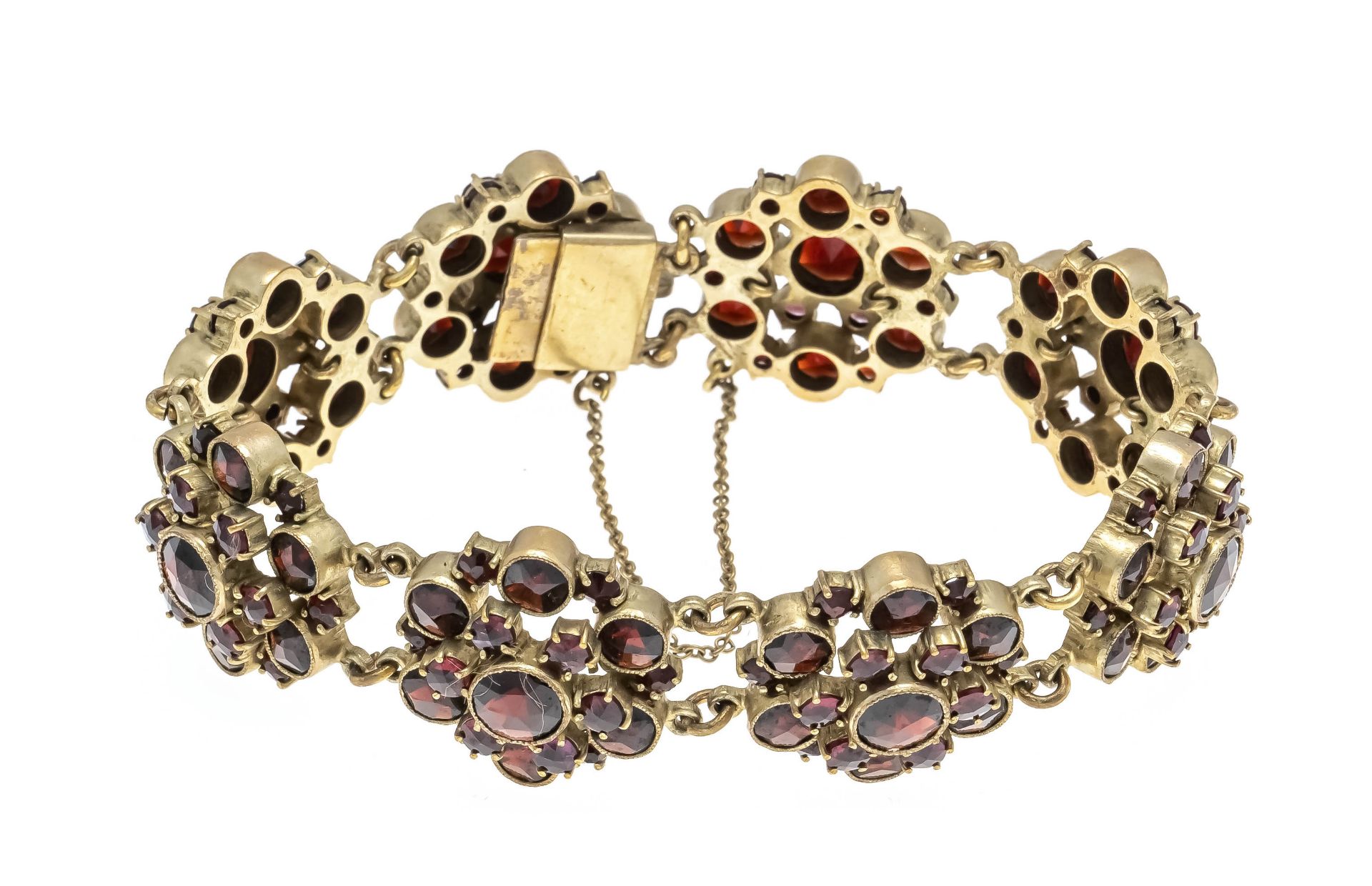 Garnet bracelet gold plated with faceted garnets 5 - 1,5 mm, box clasp and SI chain, w. 19 mm, 18