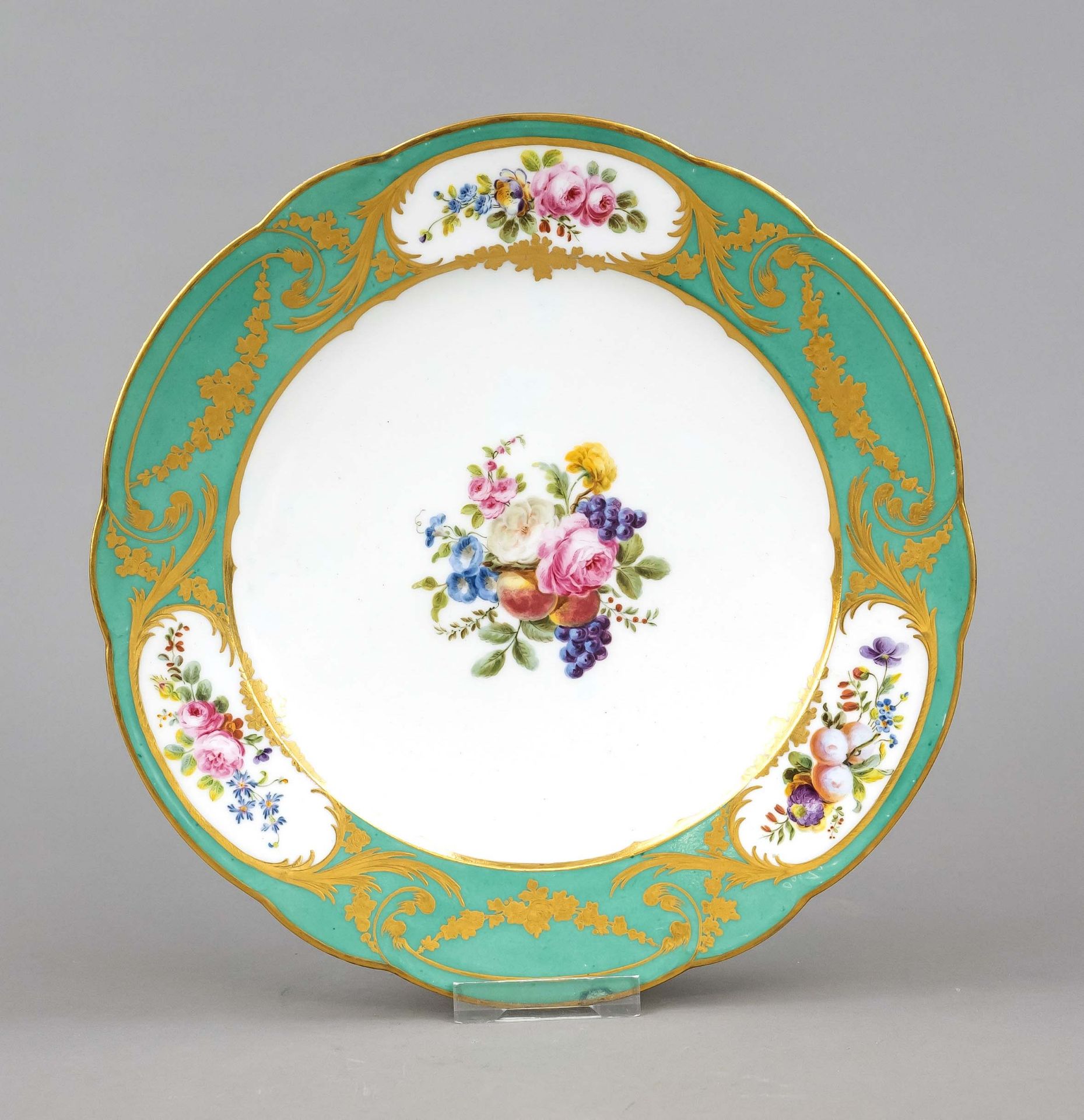 Plate, Sevres, France, c. 1760-70, form ''asiette a palmes'' (palm frond plate), painter signature