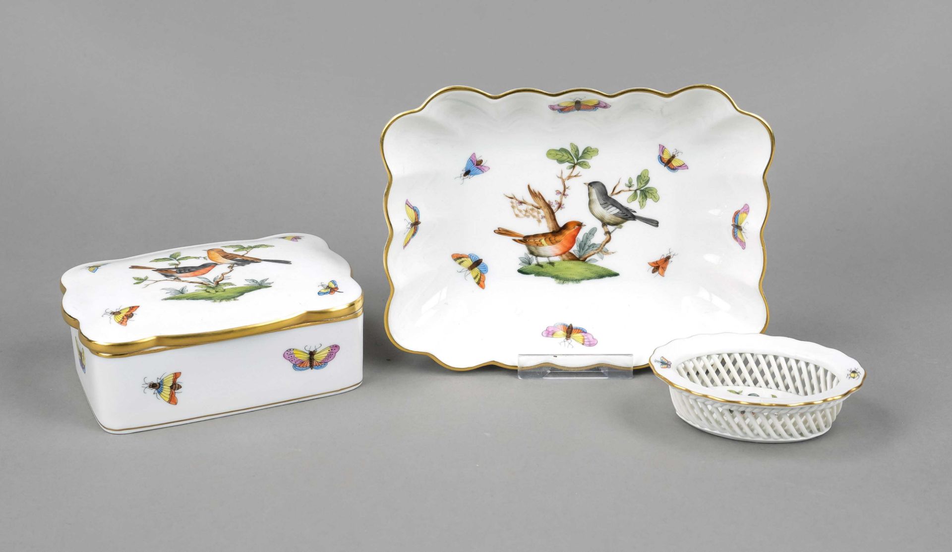 Box and 2 bowls, Herend, Hungary, late 20th century, 1st choice, polychrome painted with birds and