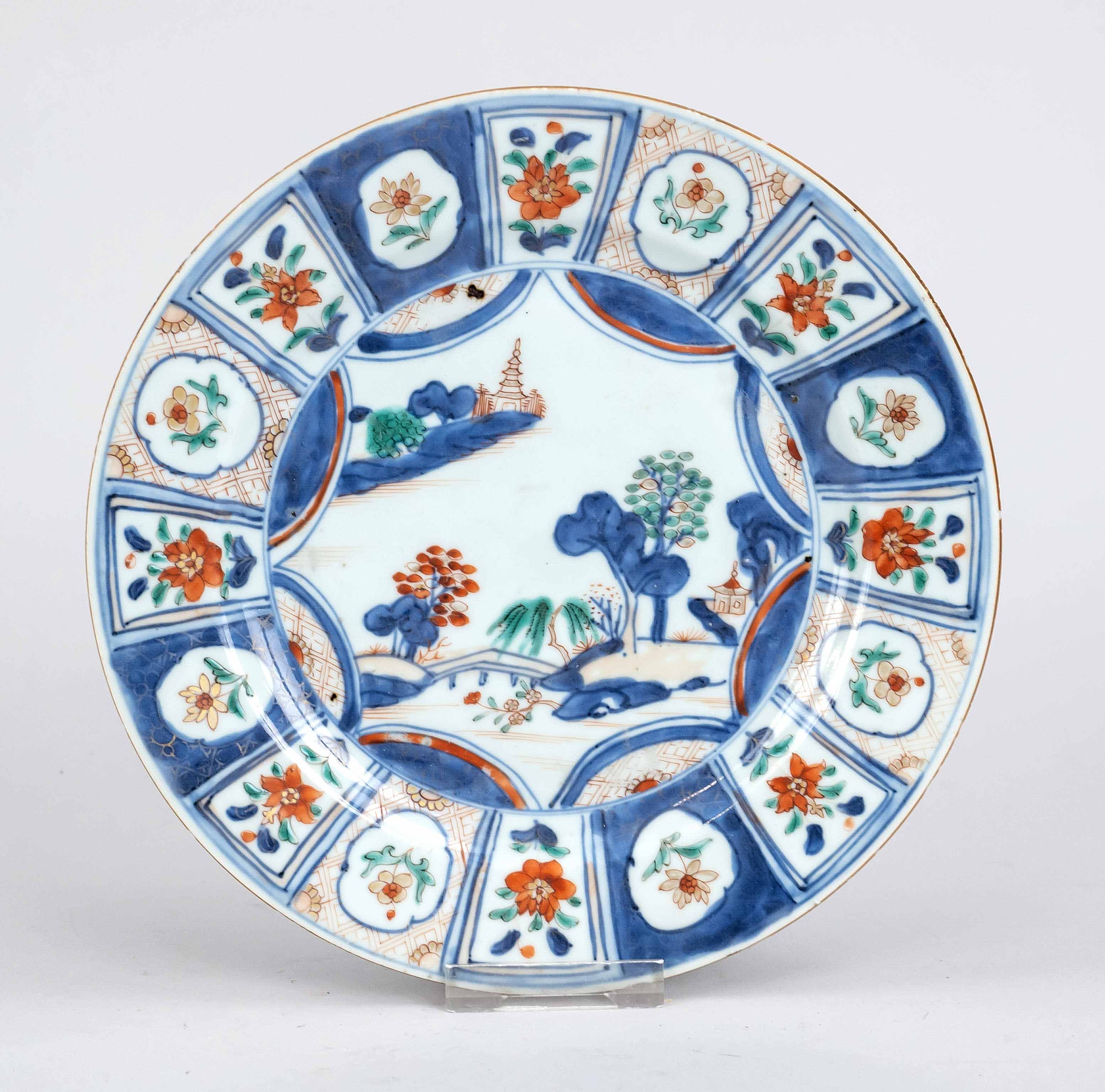 Imari plate, China, Qinng dynasty(1644-1912), 18th c., porcelain with polychrome glaze decoration of