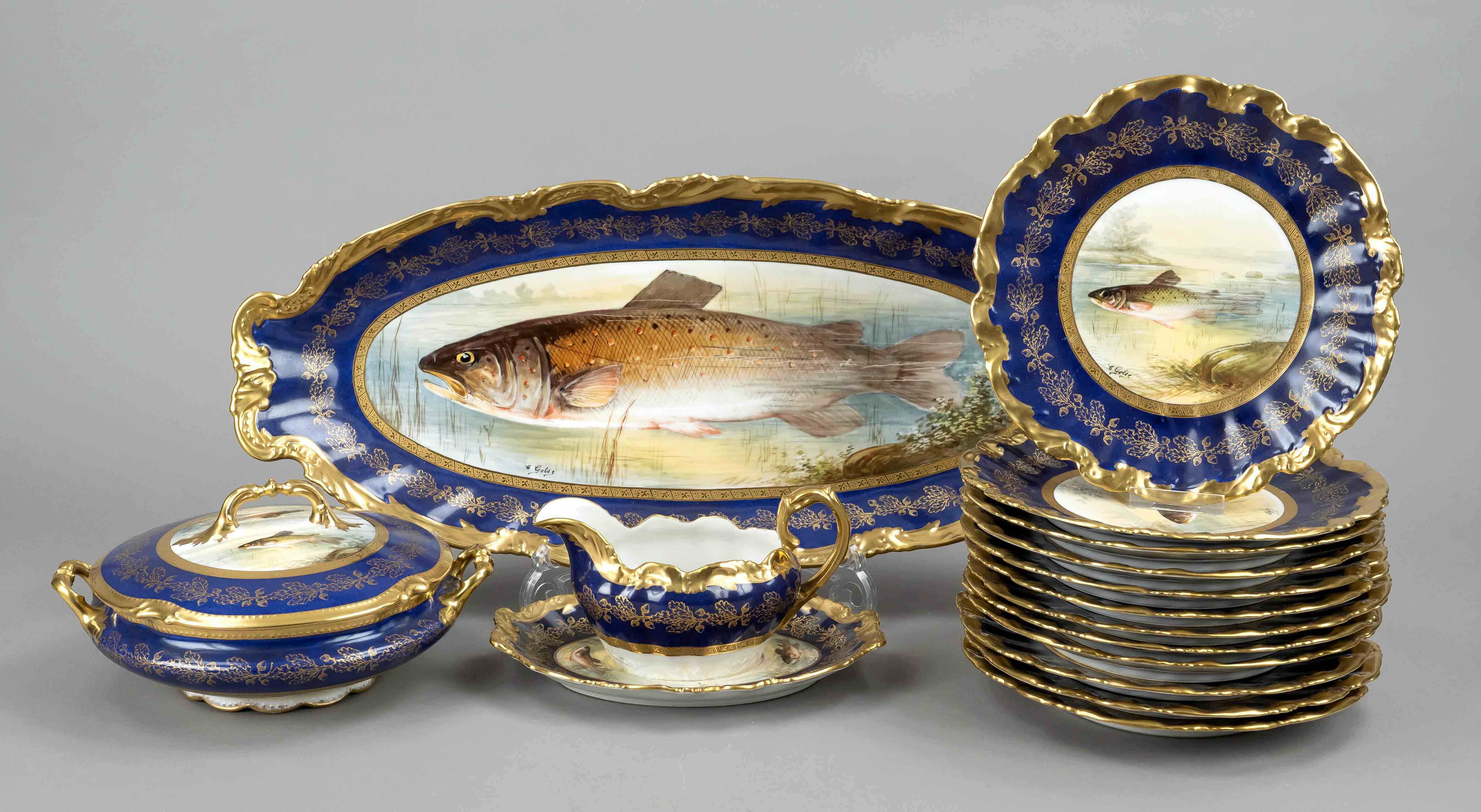 Fish service for 12 persons, 15 pcs, Sigismond Maas resp. Robert Haviland, Limoges, France, c. 1925,