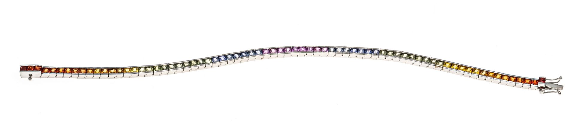 Rainbow riviére bracelet WG 750/000 with 72 sapphire carrées 2.6 mm in bright rainbow colors, eye- - Image 2 of 2