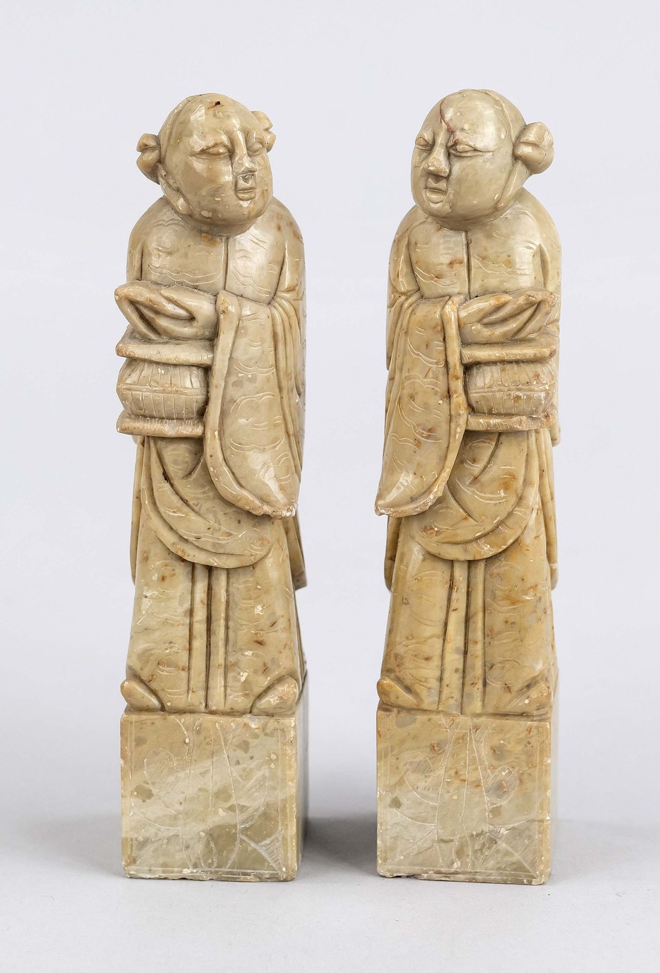 Pair of soapstone figures, China, probably Qing dynasty(1644-1912) 19th century, carved soapstone in