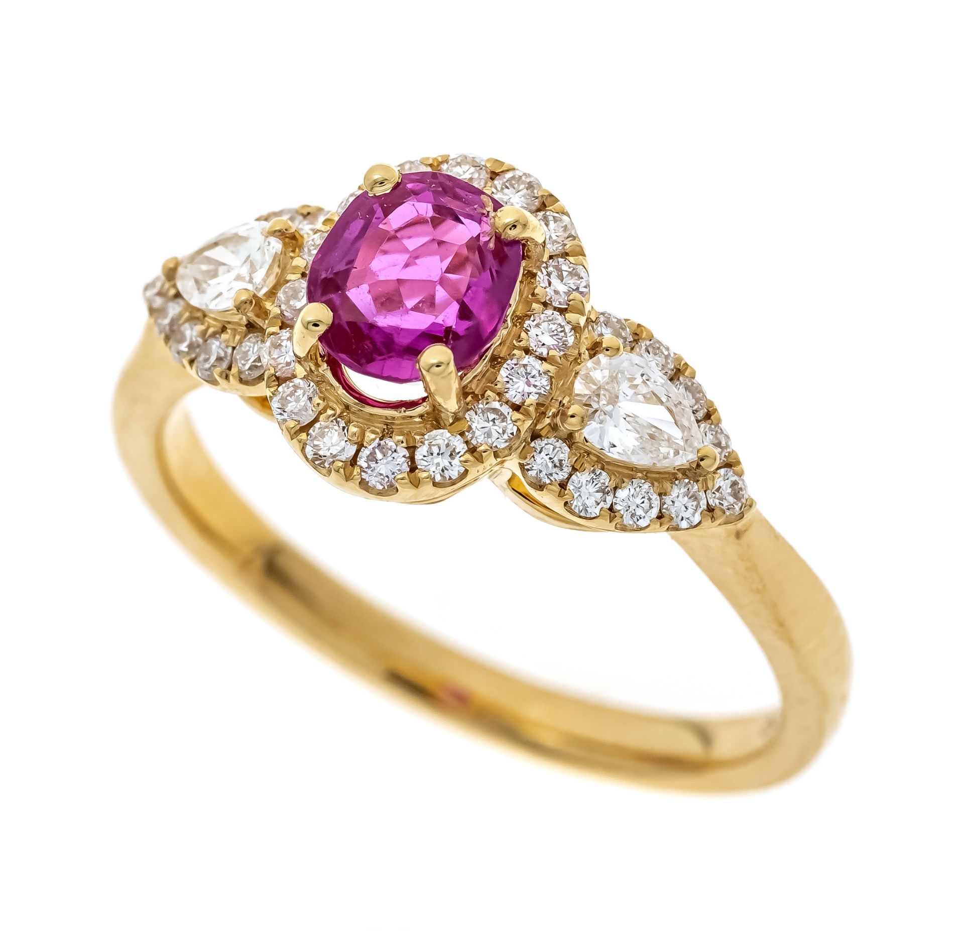 Ruby diamond ring GG 750/000 with one natural untreated oval faceted ruby 0.60 ct lighter pinkish