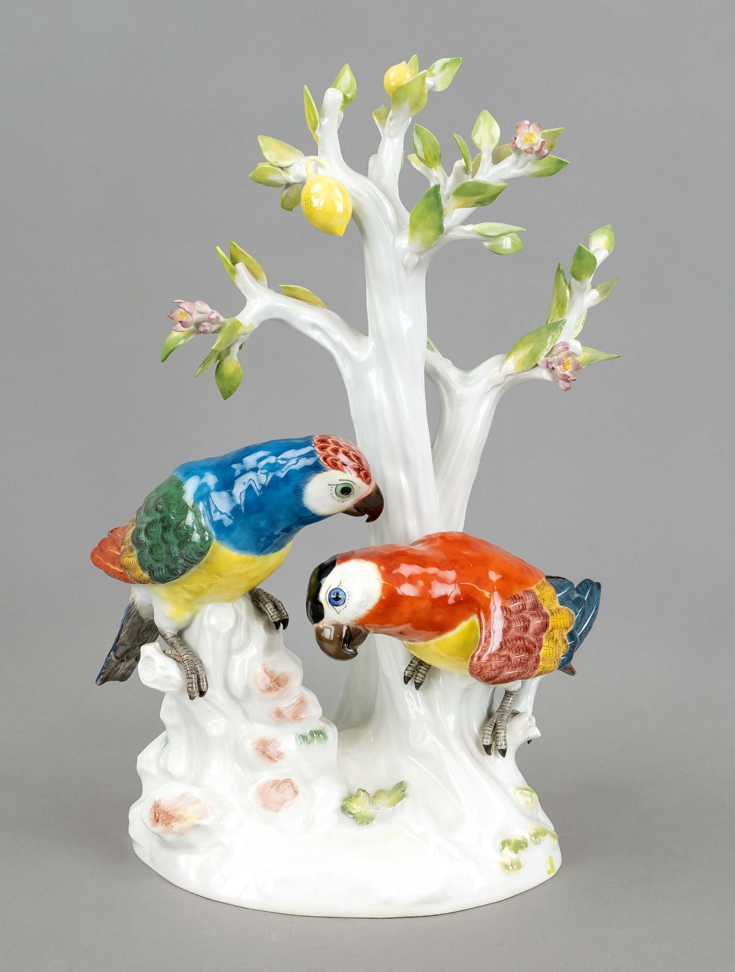 Pair of parrots at a lemon tree, Meissen, mark after 1934, 1st choice, designed by Johann Joachim