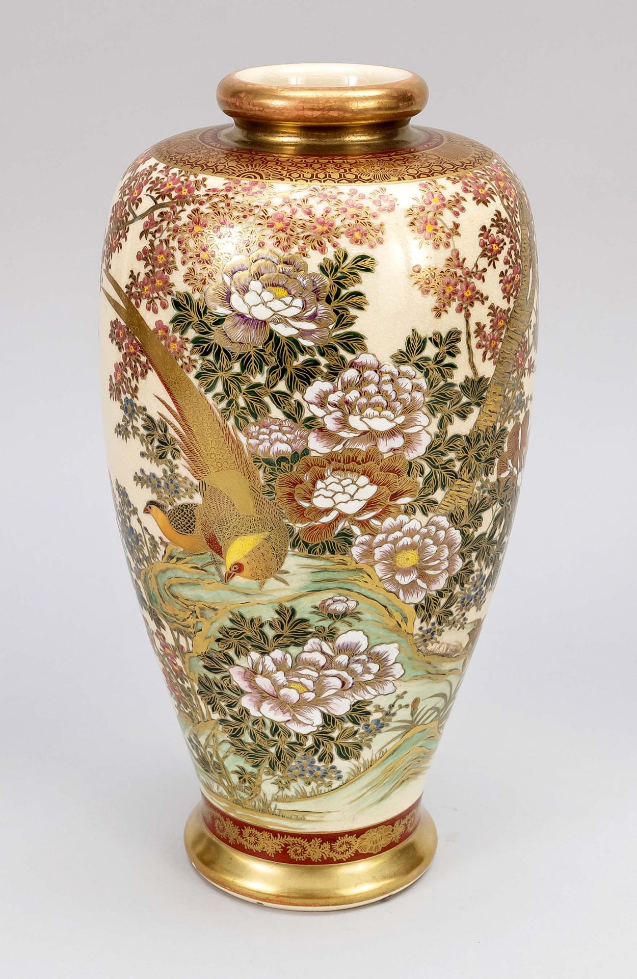 Satsuma vase, Japan, c. 1900, cream-colored body with fine, close-meshed craquelée, various colors