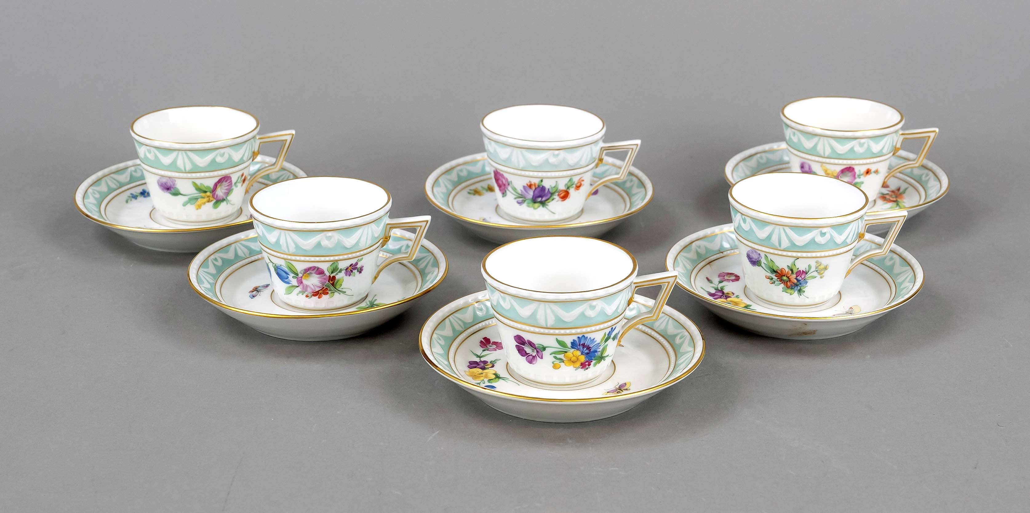 Six demitasse cups with saucer, KPM Berlin, marks 1962-1992, 1st choice, red imperial orb mark, form