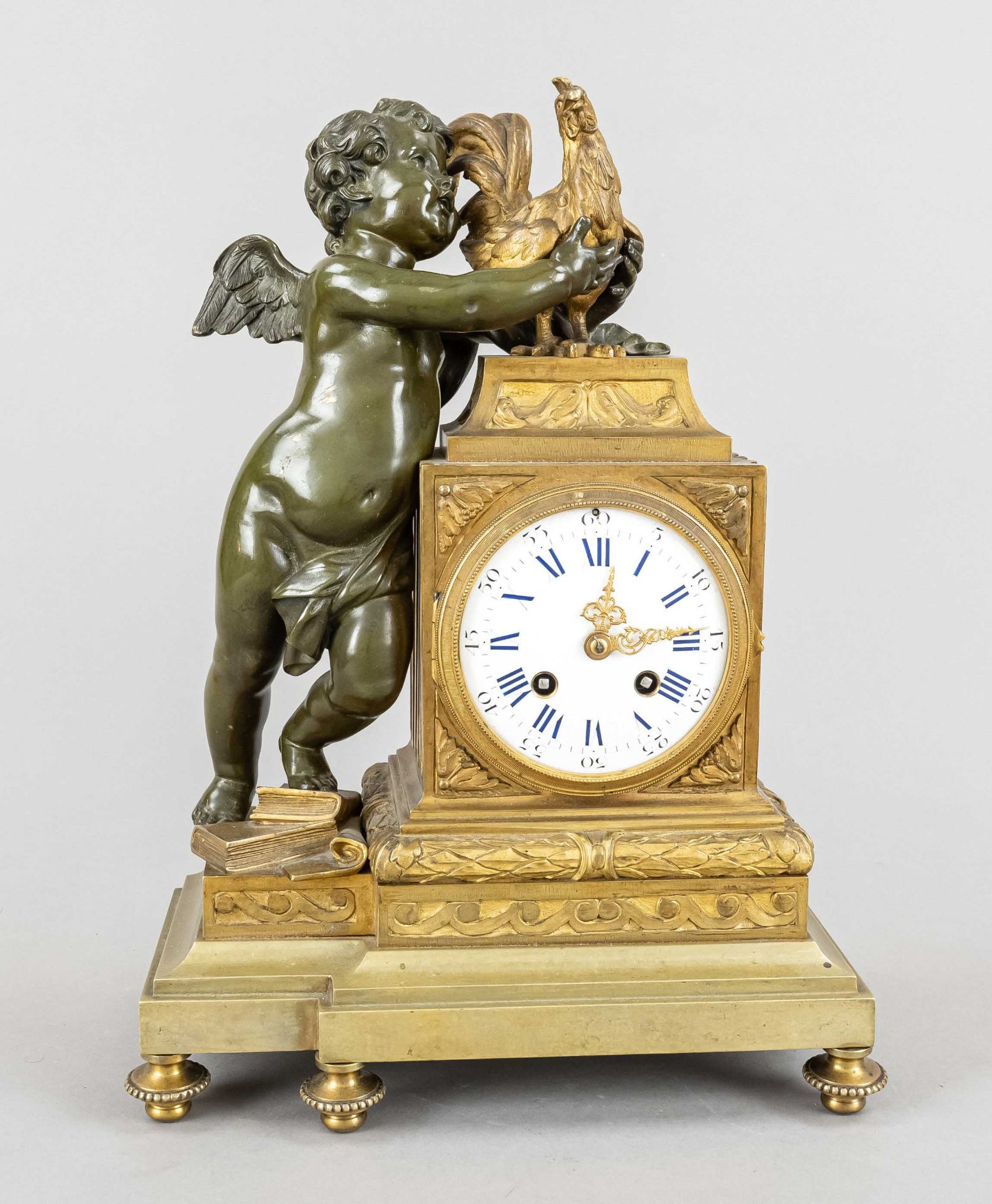 french. Bronze pendulum, movement marked ''H&F Paris'', 2nd h.19th c., putto green patinated with