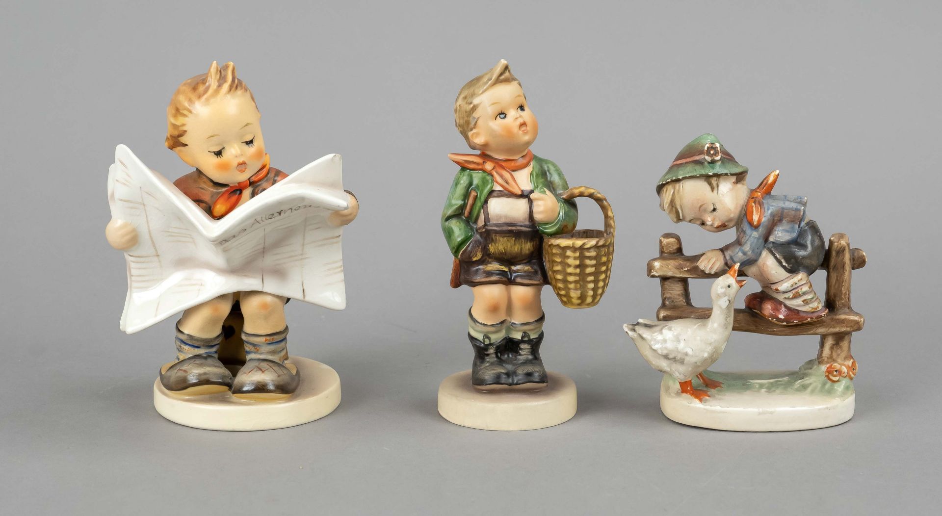 Three Hummel figurines, Goebel Oeslau, 1960-70s, design Arthur Möller, 'Dorfbub', Hum 51, h. 13