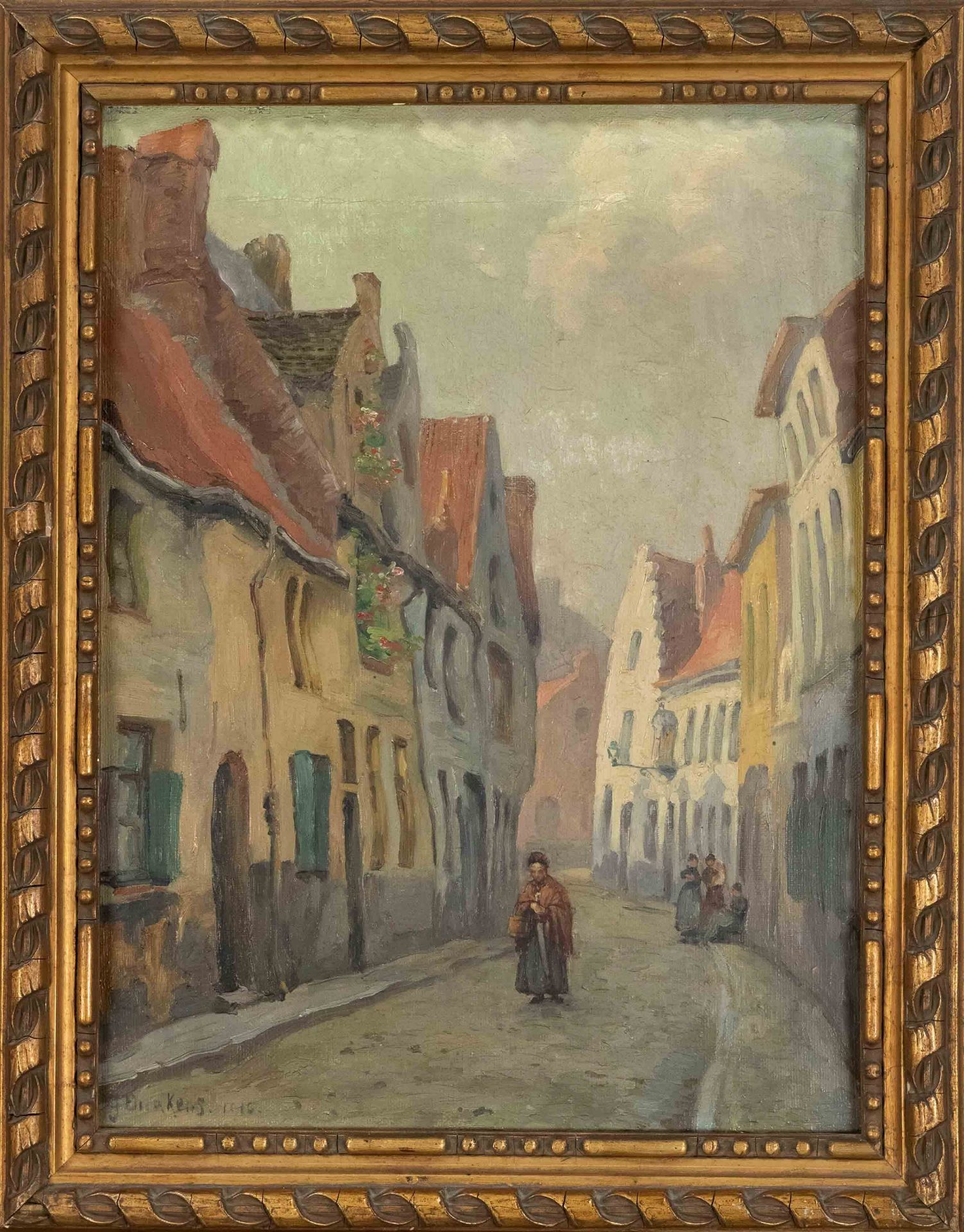 Gustave Dierkens (1885-1940), Street in Ghent, ''De Tinnen pot Straat'', oil on canvas, signed and