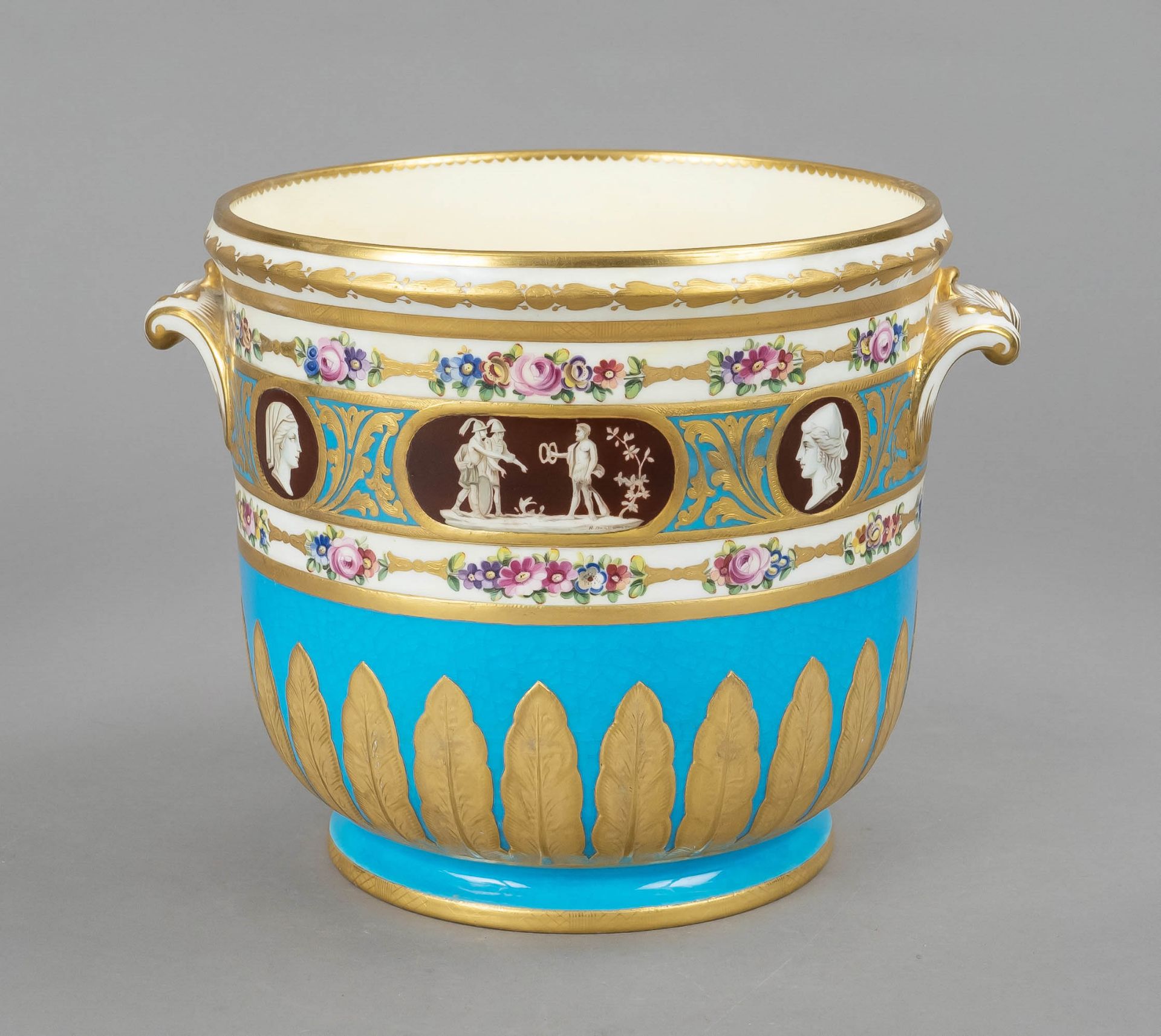 Ice cooler, Minton, Stoke-on Trent, England, 20th c., urn form with volute-shaped side handles,