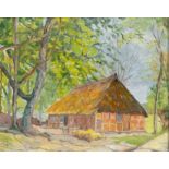 E. Brüning, 1st half 20th century, impressionistic peasant cottage, oil on cardboard, signed lower