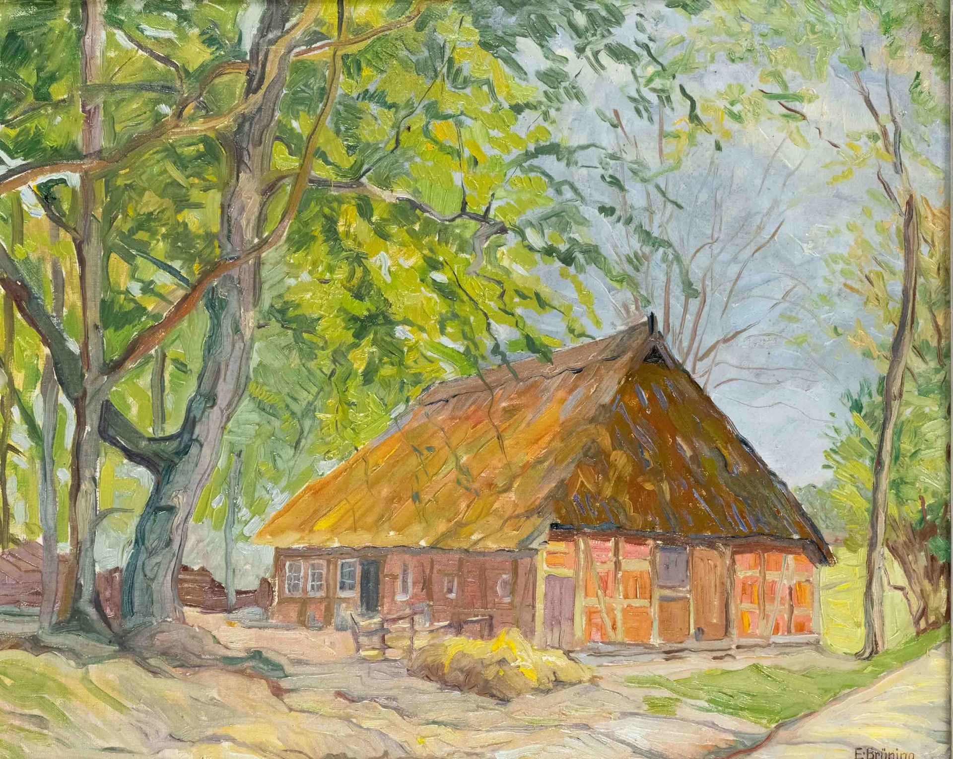 E. Brüning, 1st half 20th century, impressionistic peasant cottage, oil on cardboard, signed lower