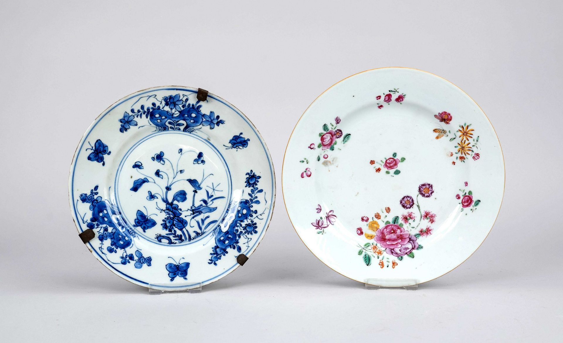 2 plates, China, Qing dynasty(1644-1911), 18th century, porcelain with cobalt blue and polychrome
