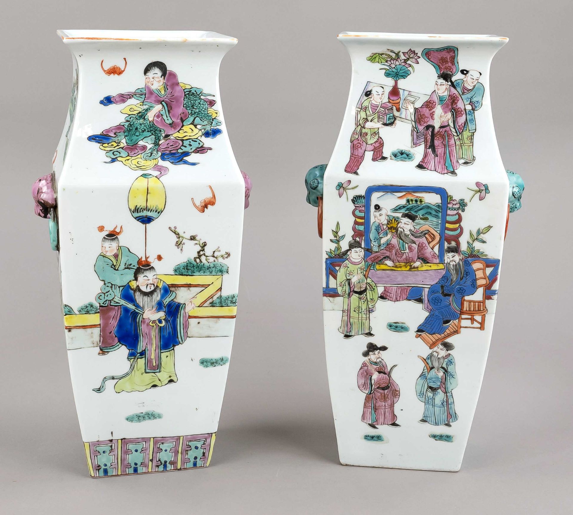 Pair of Hu vases famille rose, China, 20th c., porcelain with four-sided body and rosadominant