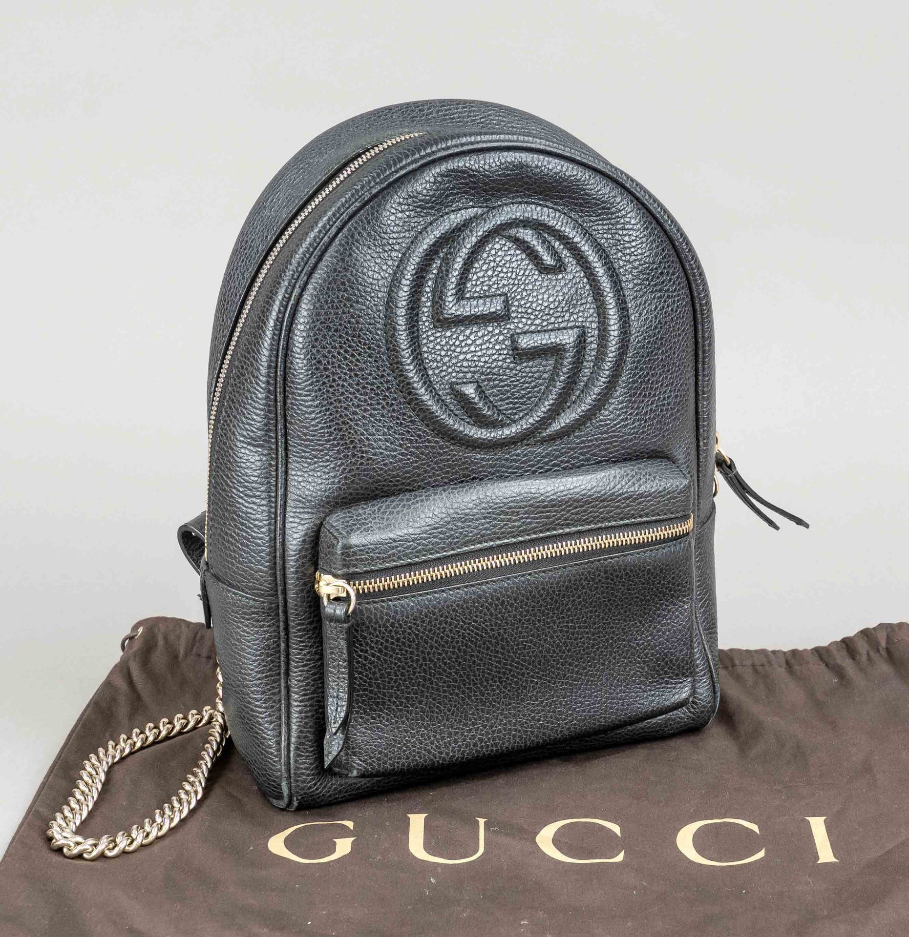 Gucci, Black Soho Chain Backpack, black grained leather, gold-tone hardware, short center handle and