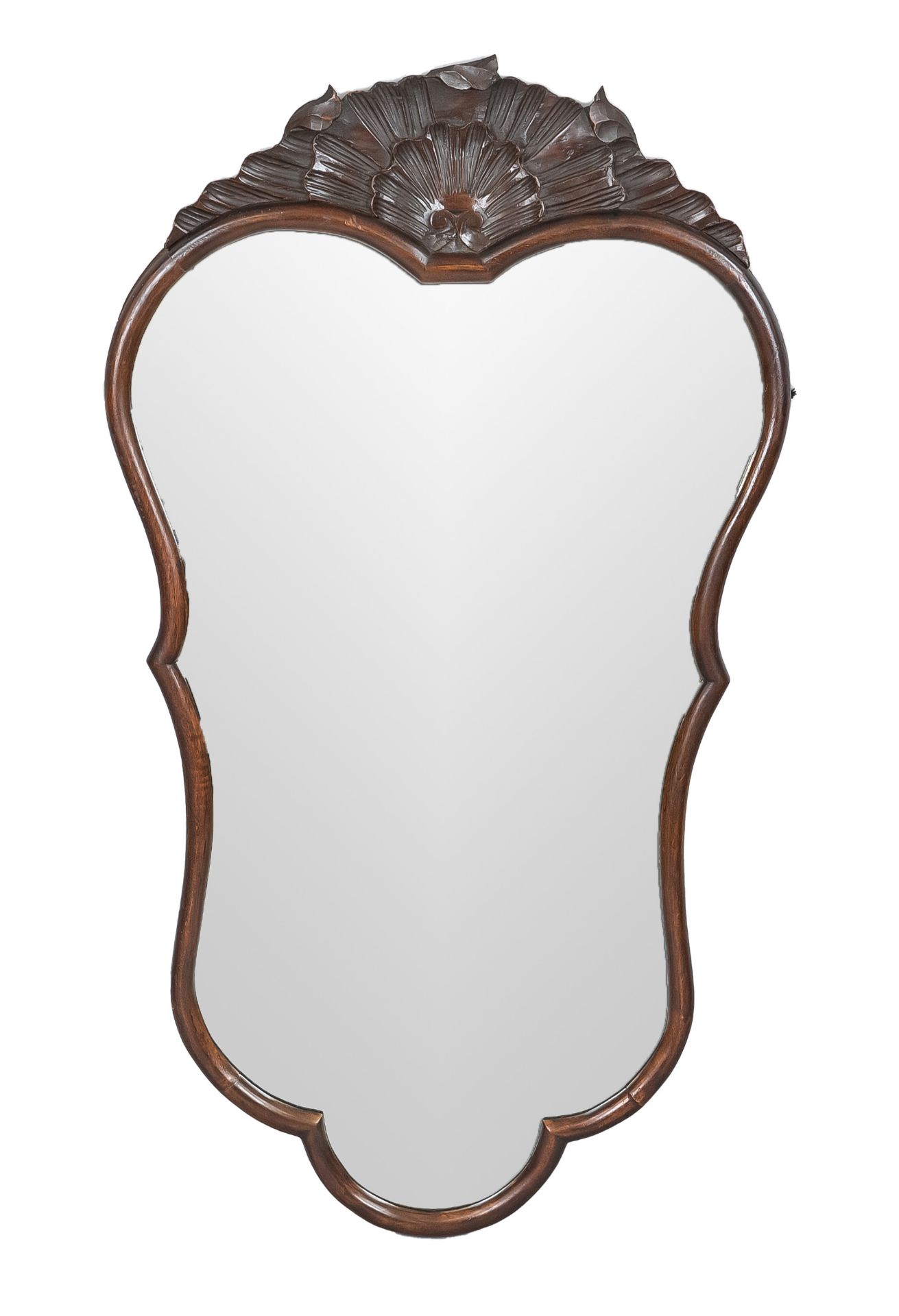 Mirror, late 19th c., matching curved mahogany frame, top carved with shells, slightly rubbed, 97