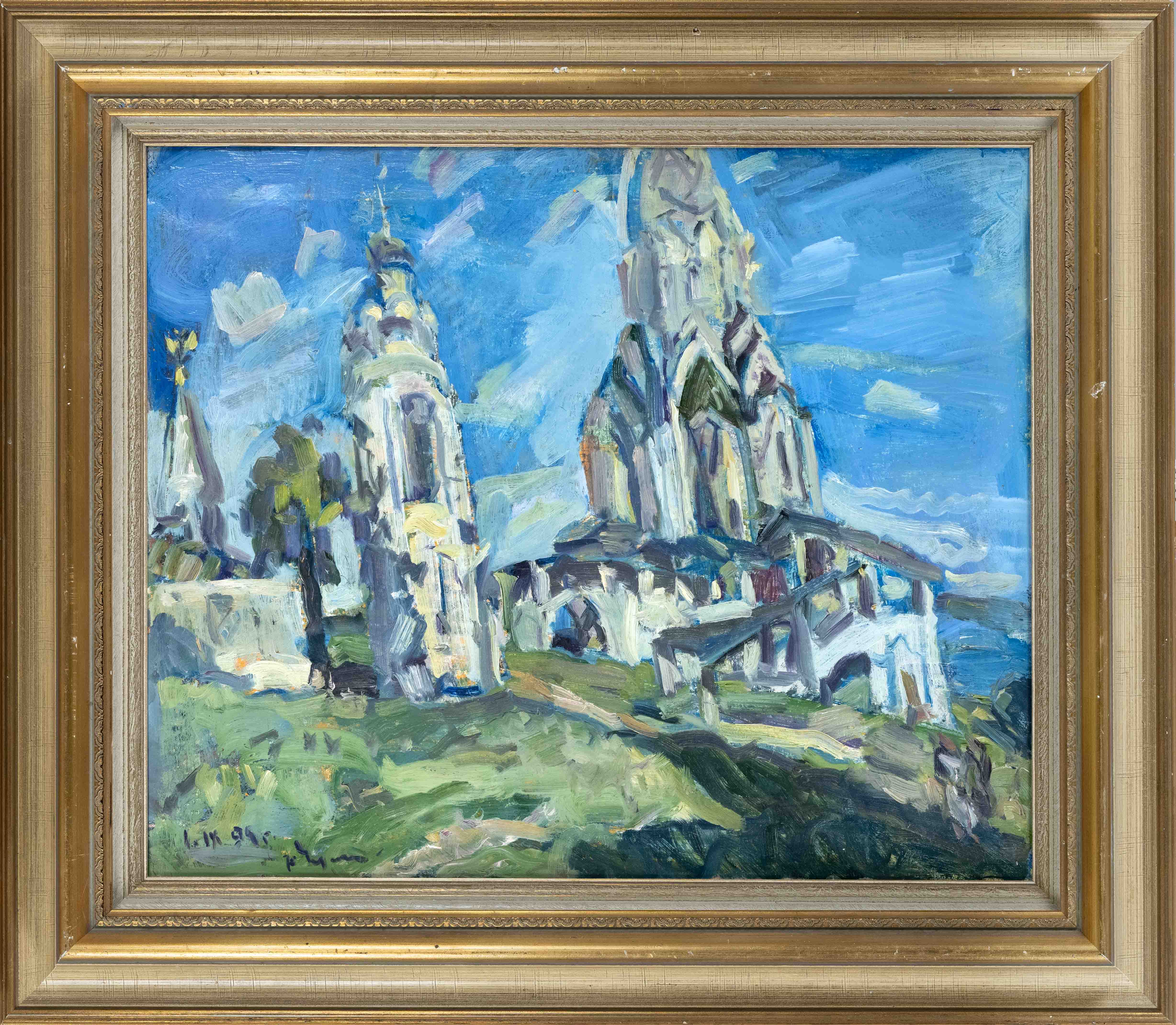 Vladimir Tymakov, Russian painter late 20th century, impressionistic landscape with church in