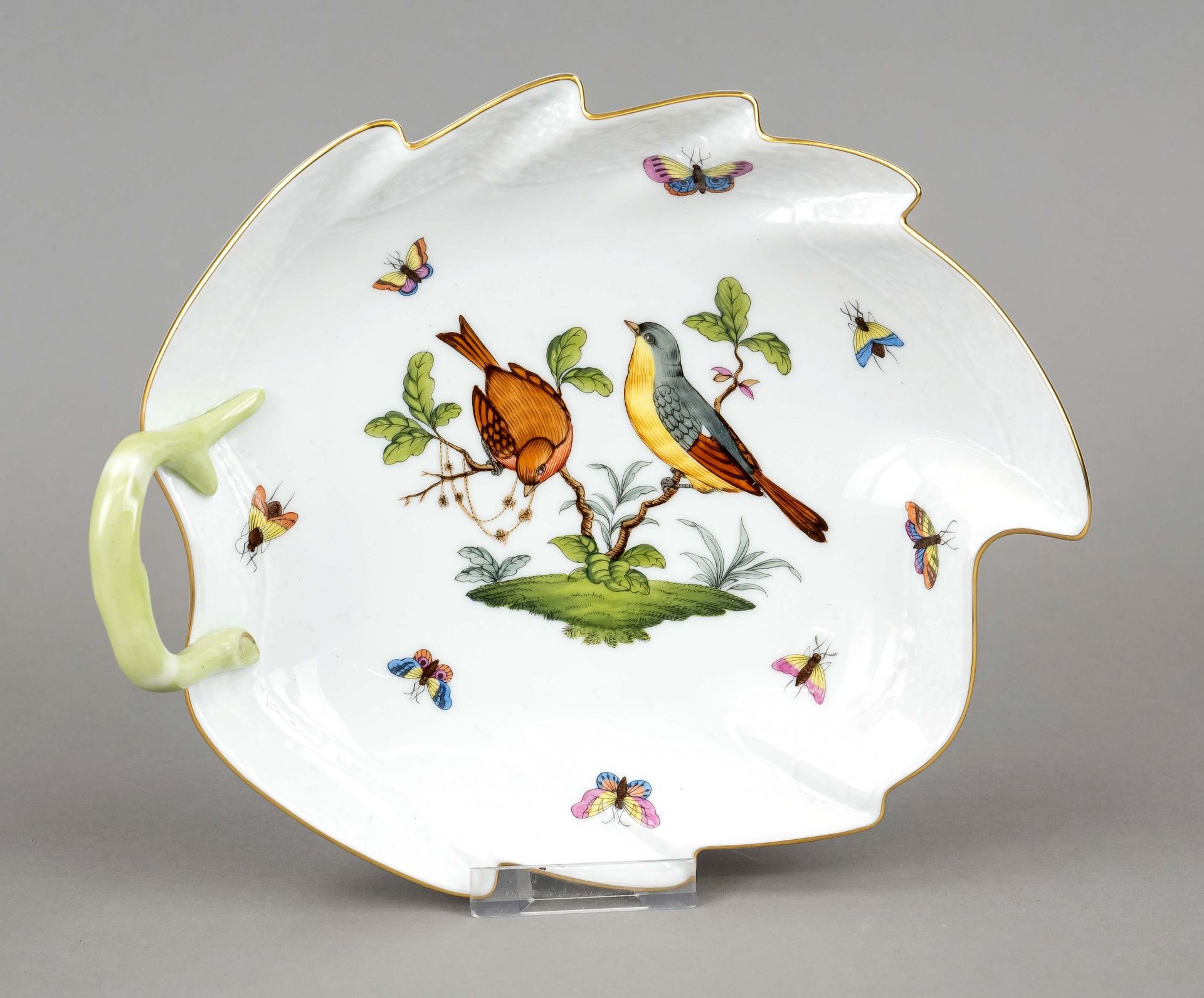 Leaf bowl, Herend, late 20th century, Neuozier form, model no. 201, Rothschild decor with birds