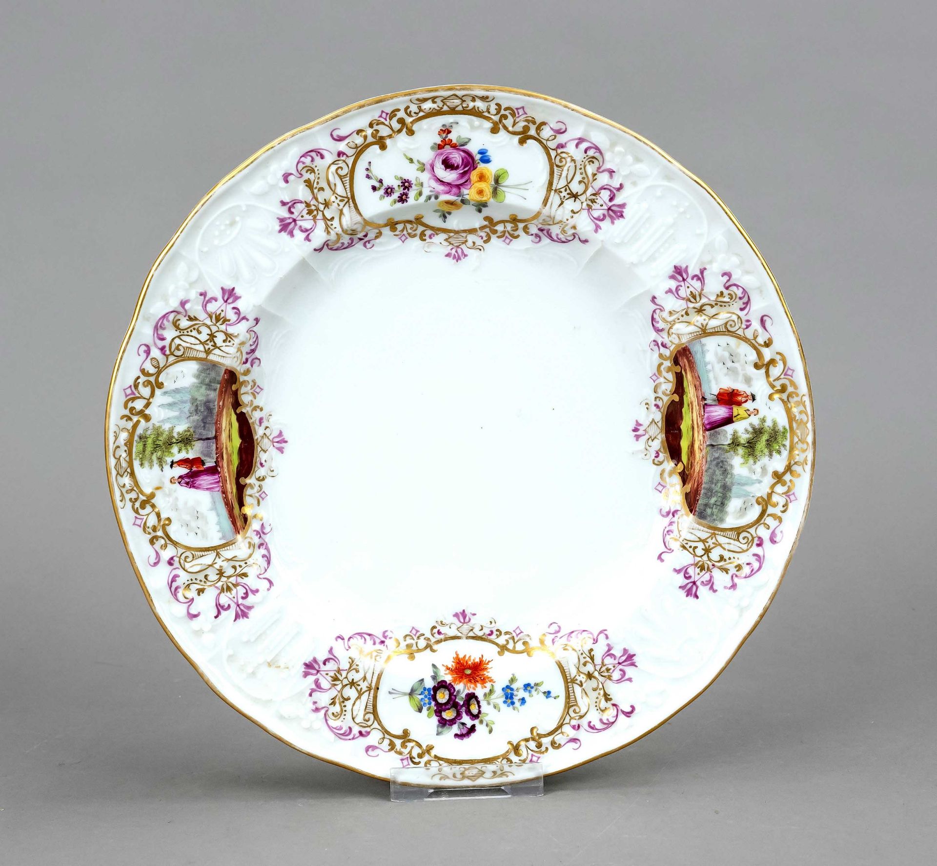 Plate, Meissen, knob period (1850-1924), 2nd choice, with relief decoration rim and polychrome house