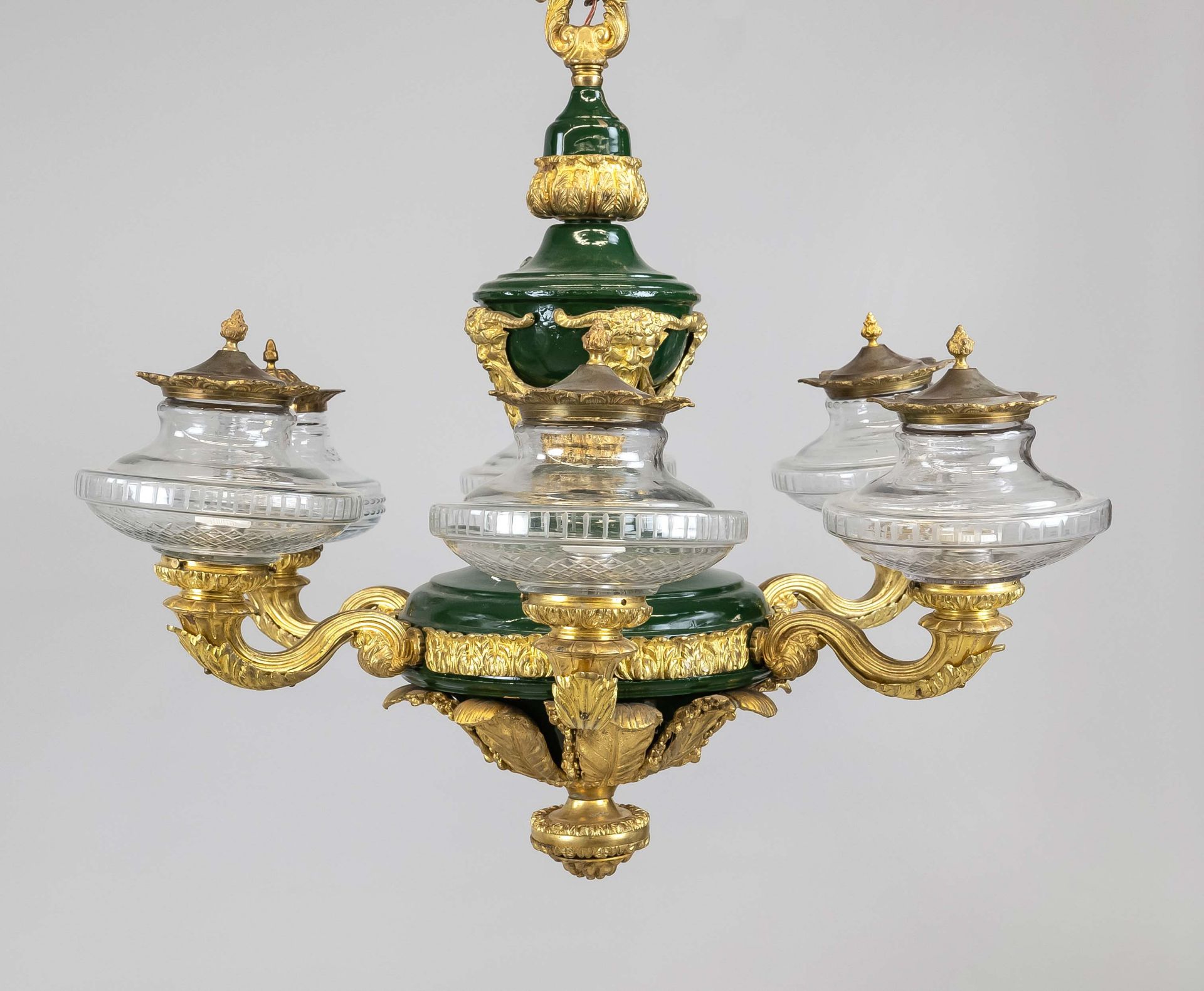 Hanging lamp, late 19th c. Large central console of dark green glazed ceramic overlaid by