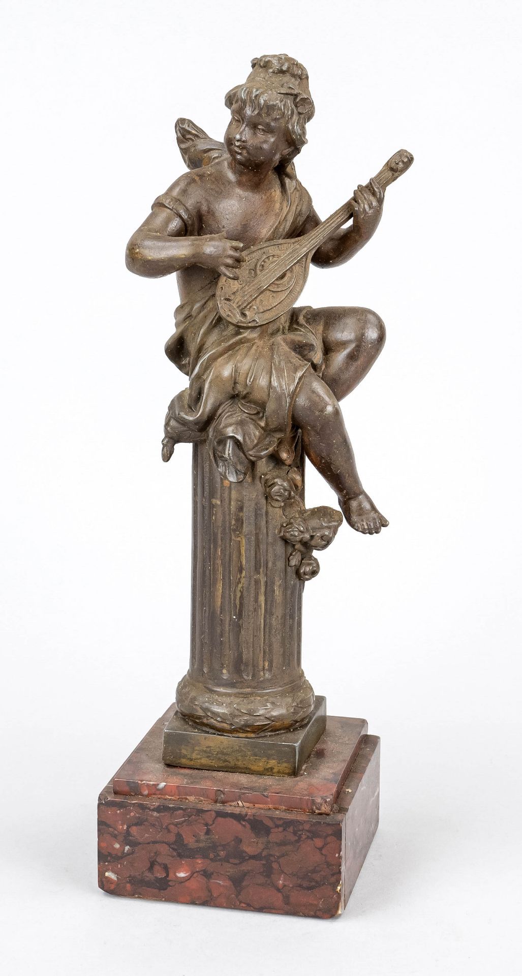 Sculptor c. 1880, Bacchus with lute, seated youth on fluted column pedestal, bronzed metal casting