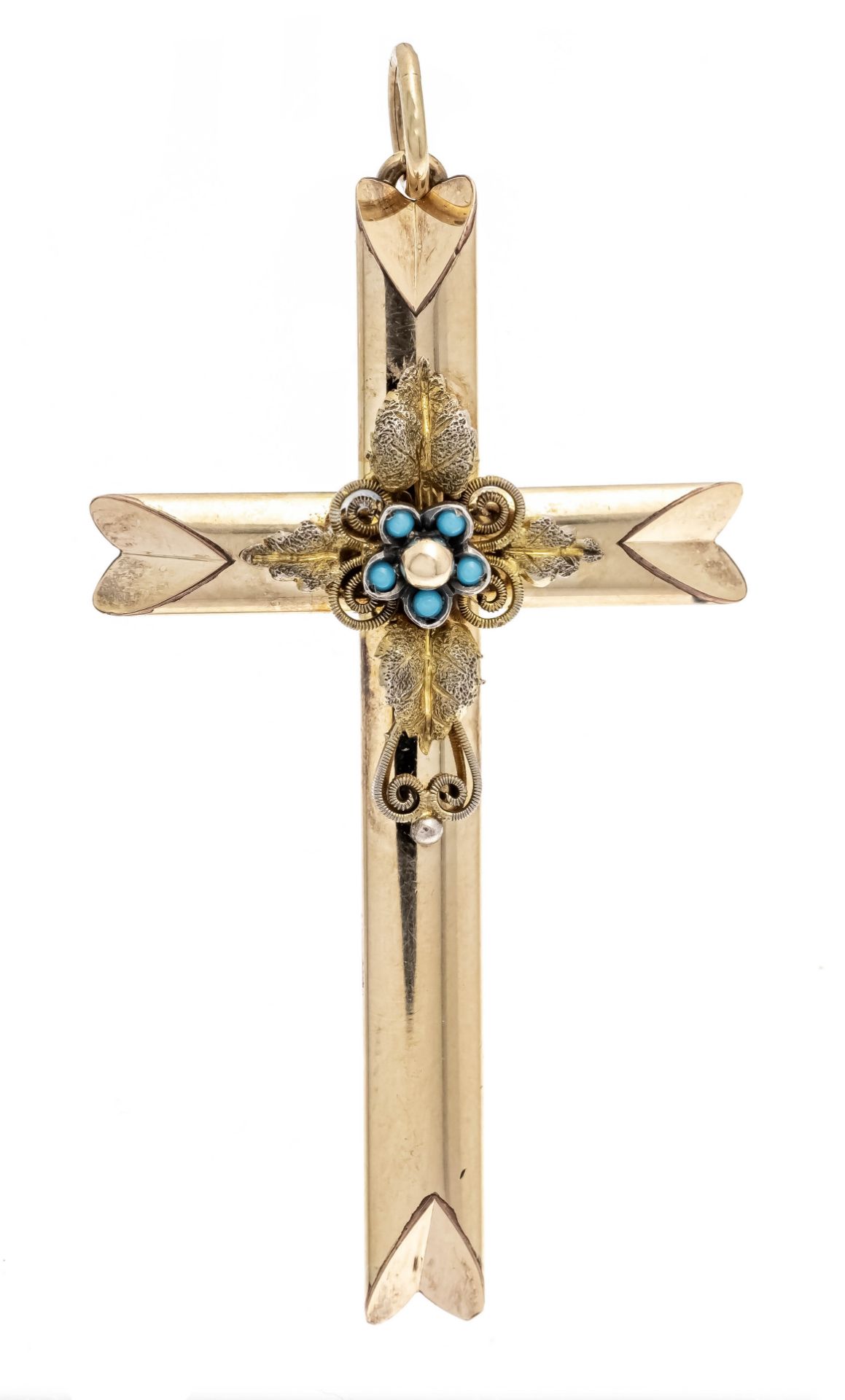 Foam gold cross around 1880 gold 416/000 with turquoise cabochons, l. 54 mm, 3,0 g