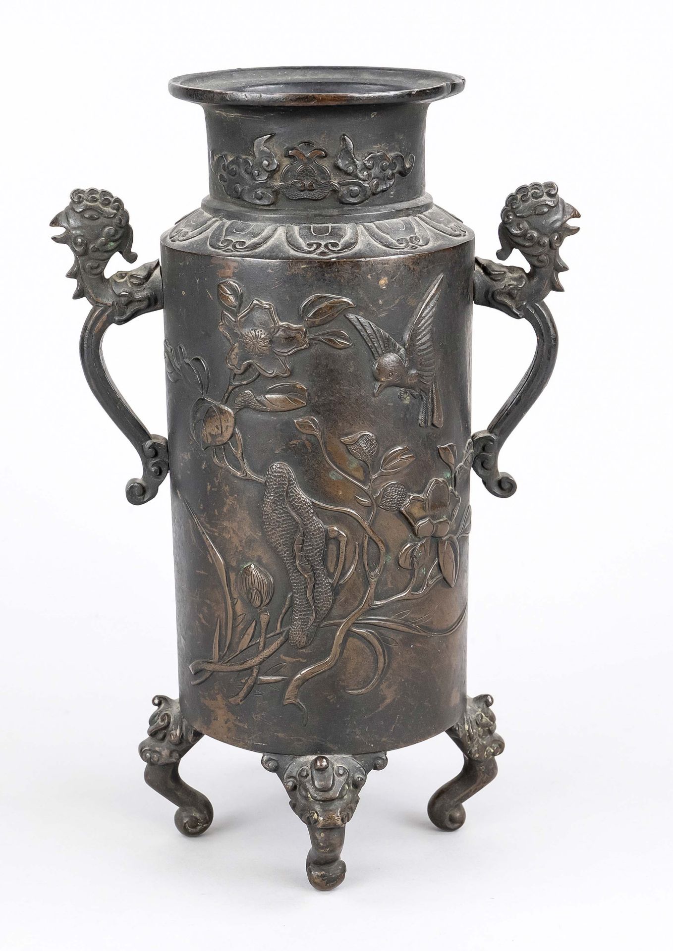 Rouleau vase, Japan, 19th c., bronze. Circumferential relief decoration with flying birds and