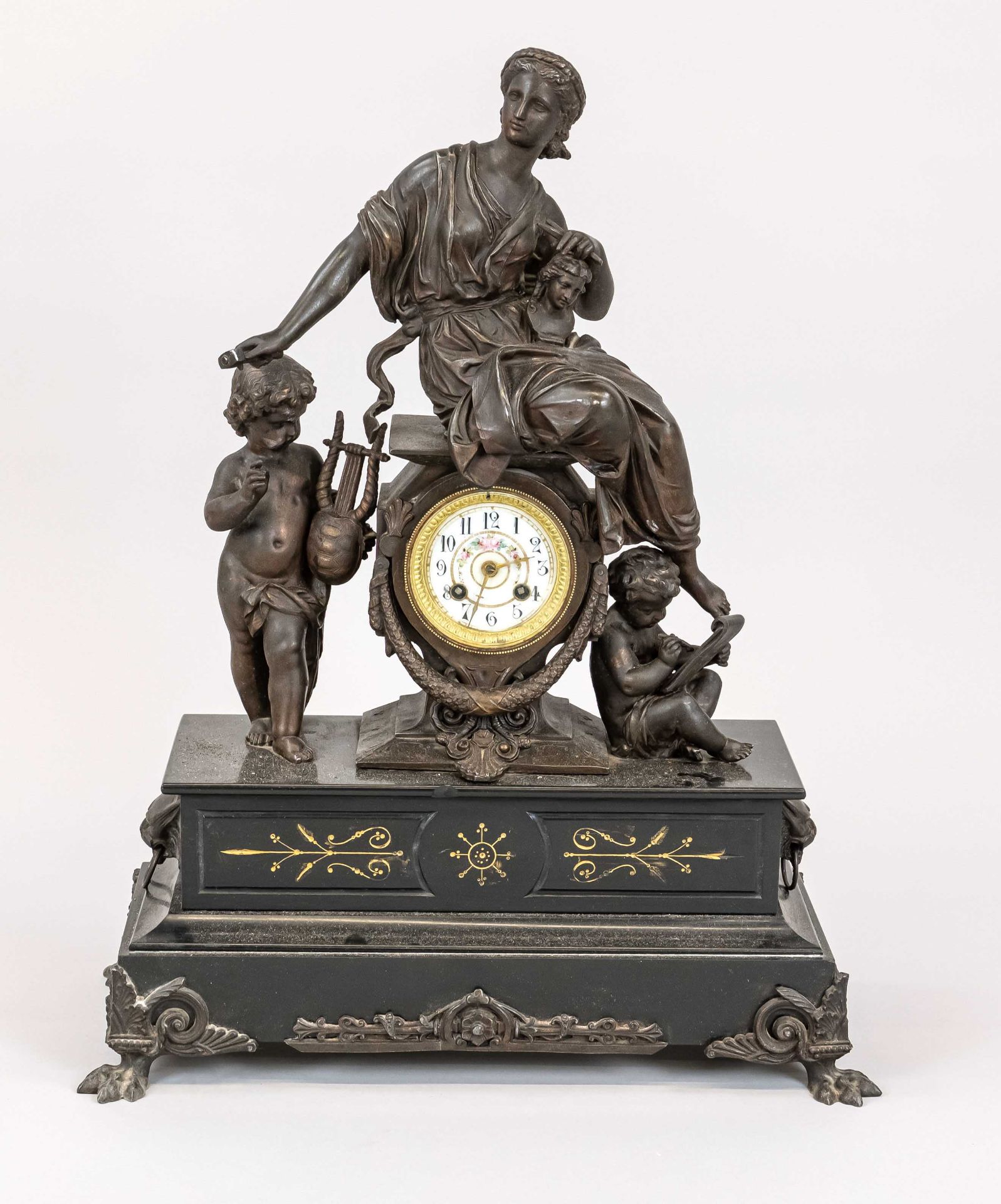 large french. Figure pendulum, 2nd half 19th c., white cast bronze, woman sitting on the clock