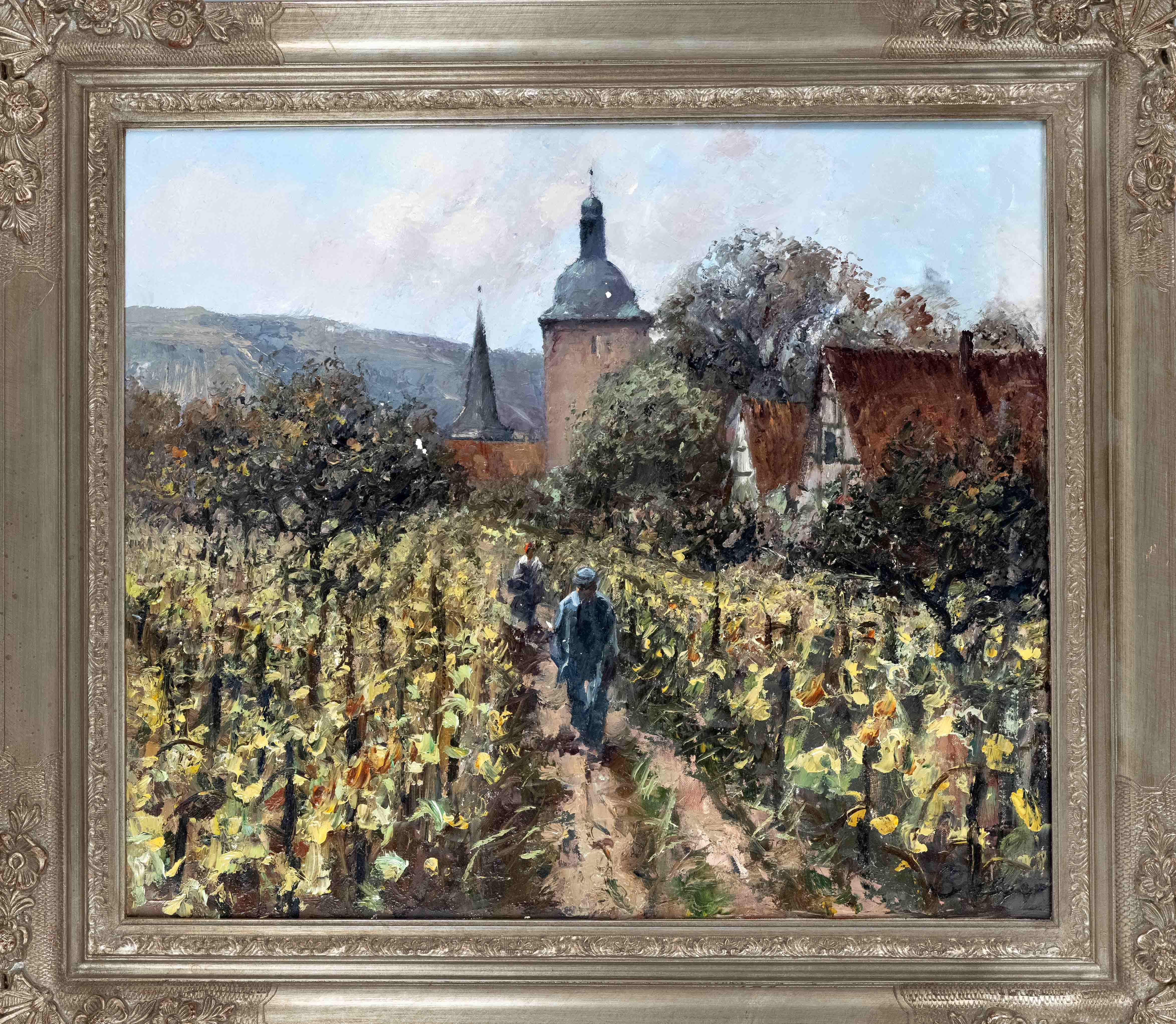 signed ''Becker'', German painter mid-20th century, village view with winemaker couple roaming
