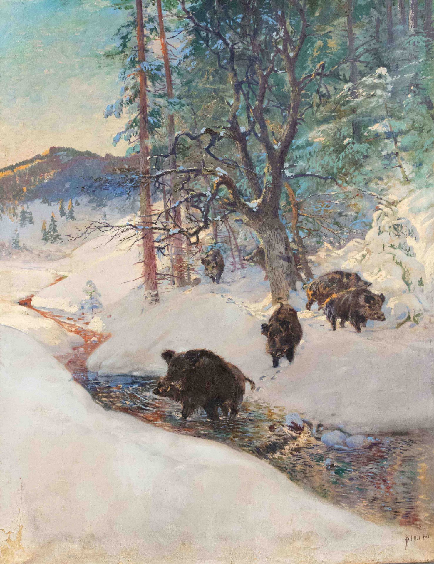 Albert Singer, (1869-1922), German hunting and genre painter, large winter landscape with wild
