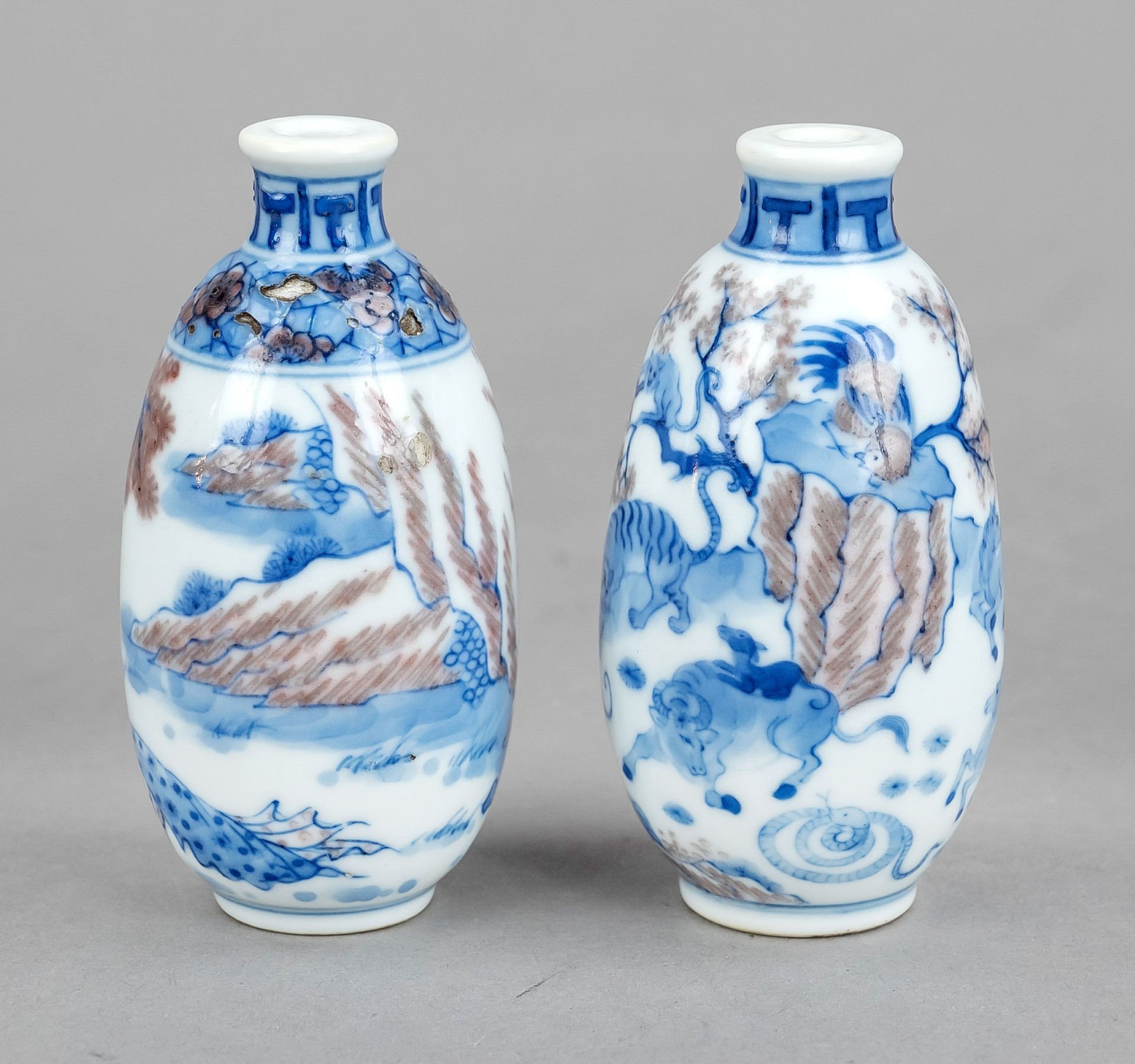 Pair of snuffbottles ''Decent Animals and Indecent People'', China, 20th c., porcelain with cobalt