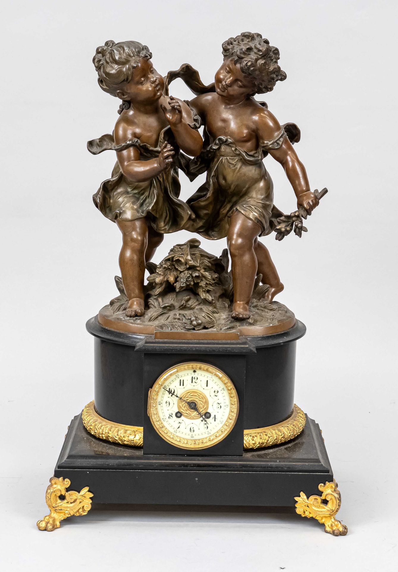 french. Marble pendulum, 2nd half of the 19th century, two bronzed putti playing with flowers,