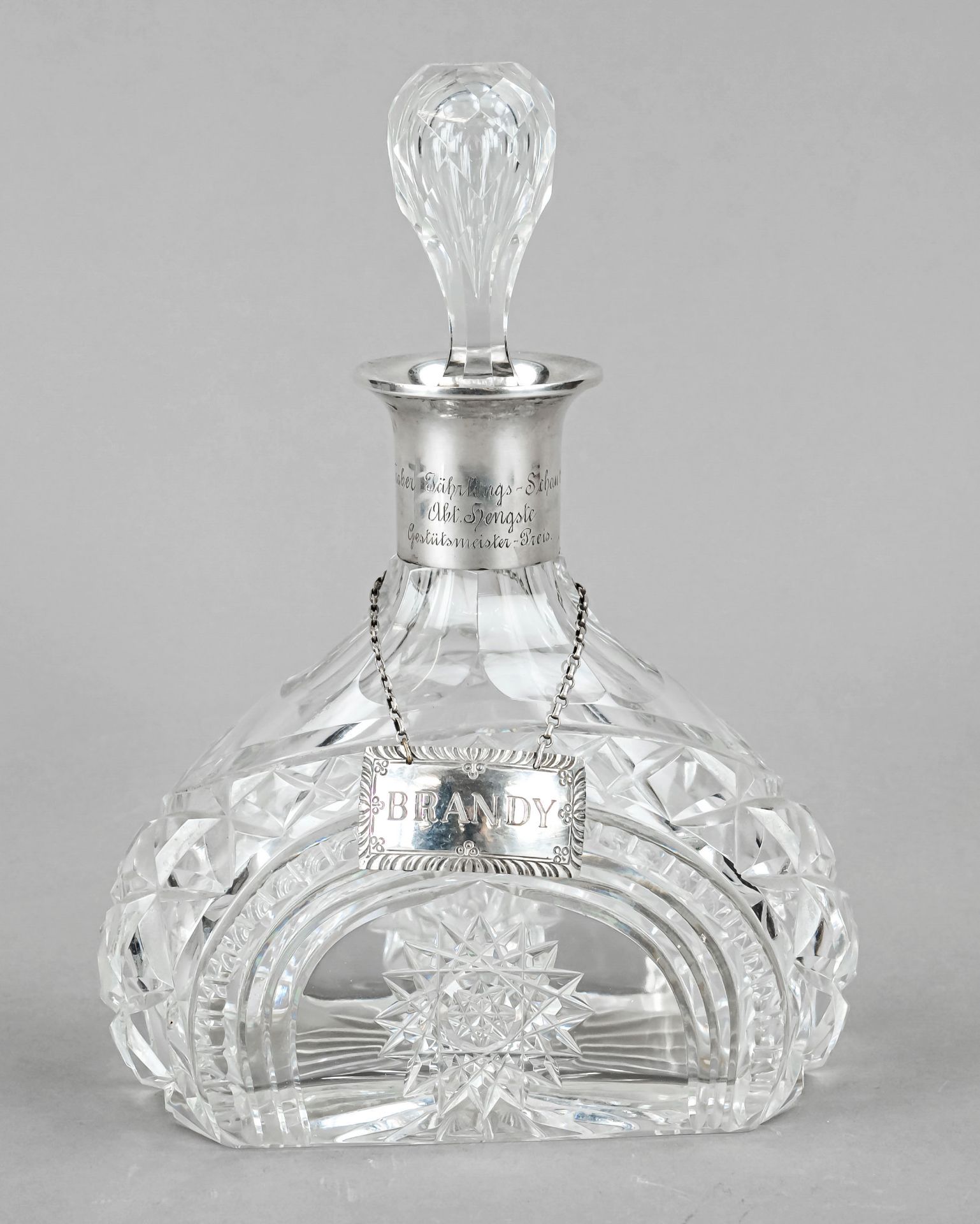 Carafe with silver neck mount, German, 1920s, silver 800/000, dedication engraving and dated, body