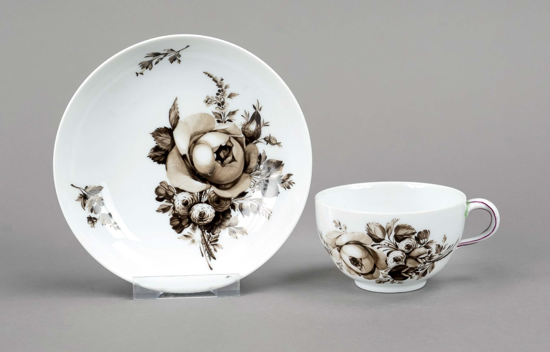 Tea cup and saucer, Meissen, Marcolini mark 1774-1817, spherical shape with double handle, rose