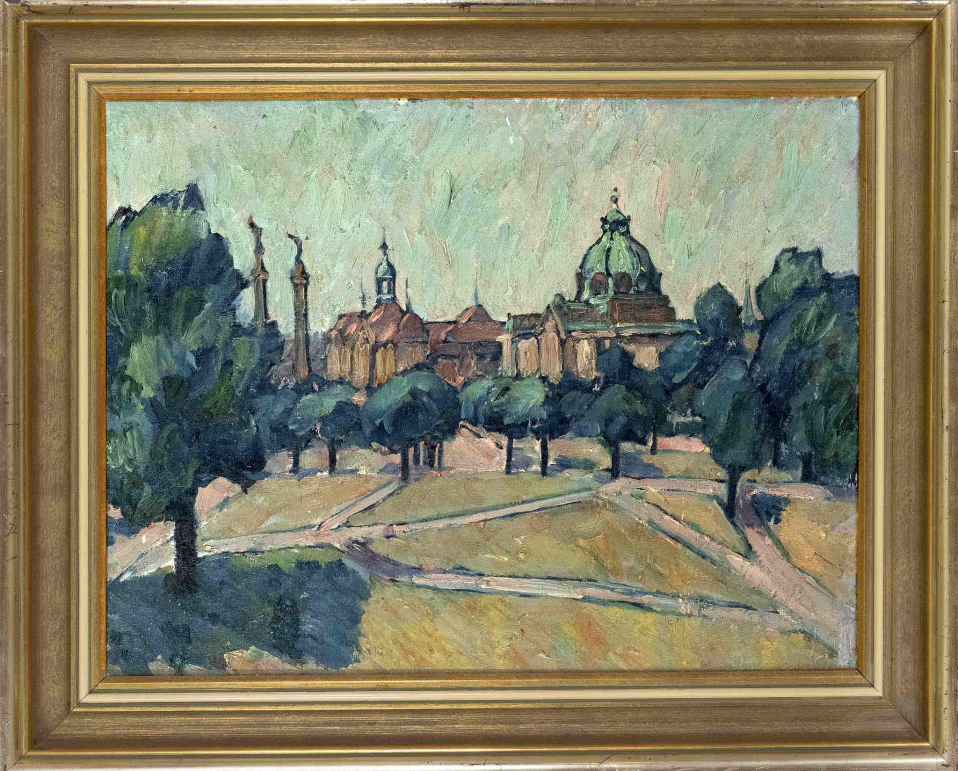 Anonymous Impressionist 1st half 20th c., view across a park to a domed building with two