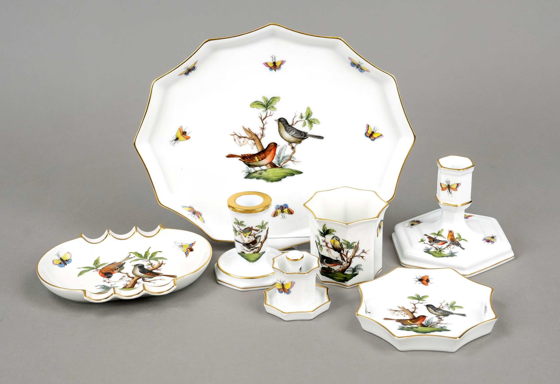 Smoker set, 8 pieces, Herend, mark after 1967, 1st choice, polychrome painted with birds and