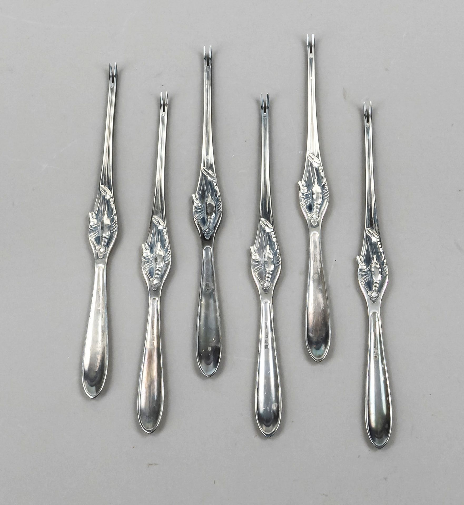 Six lobster forks, German, 20th c., maker's mark Bruckmann & Söhne, Heilbronn, plated, with