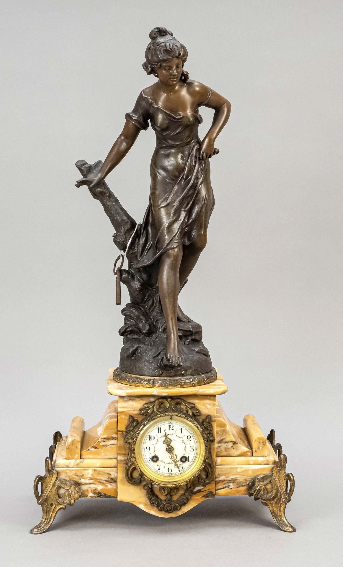 Large figural pendulum, 2nd half of the 19th century, marked Le Ruisseau par Aug. Moreau, bronzed