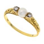 Pearl-cut diamond ring GG 585/000 with one round cultured pearl 4,8 mm and two brilliant-cut