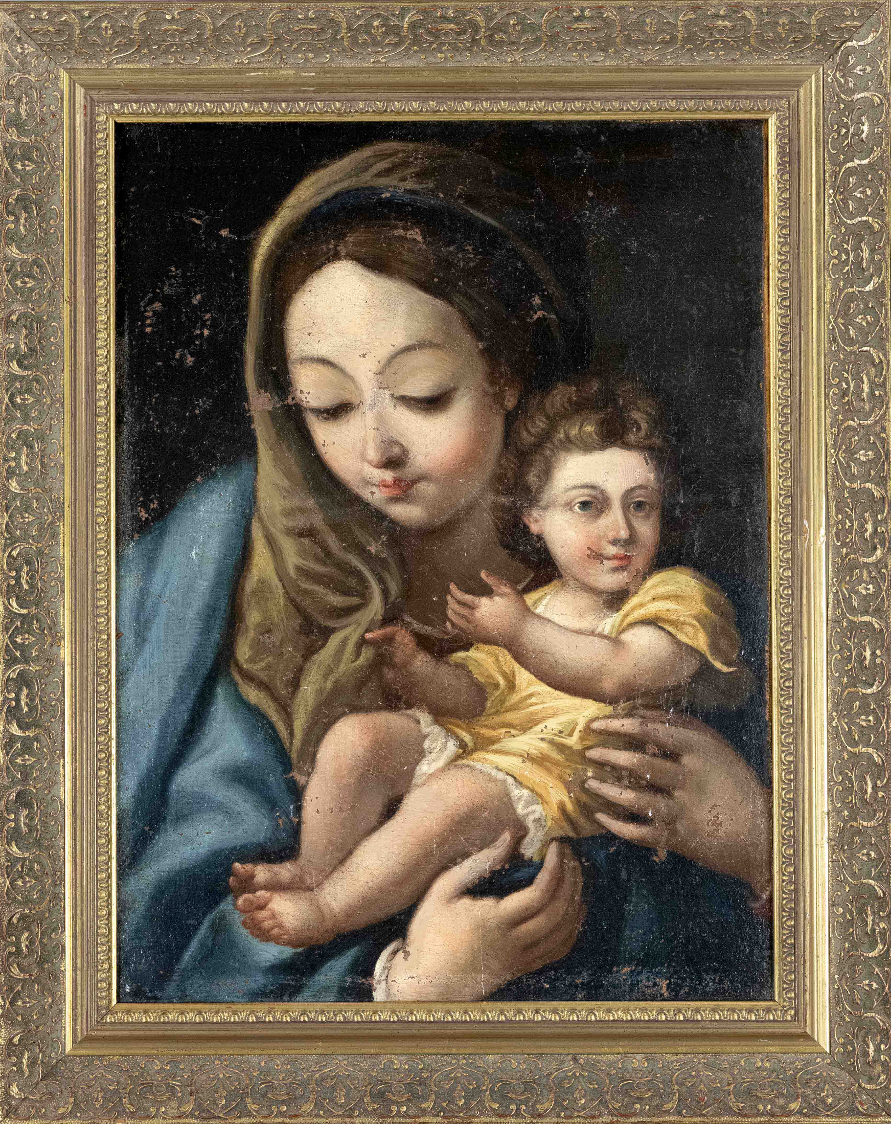 Unidentified 18th century painter, Madonna and Child, oil on canvas, unsigned, doubled, restored and