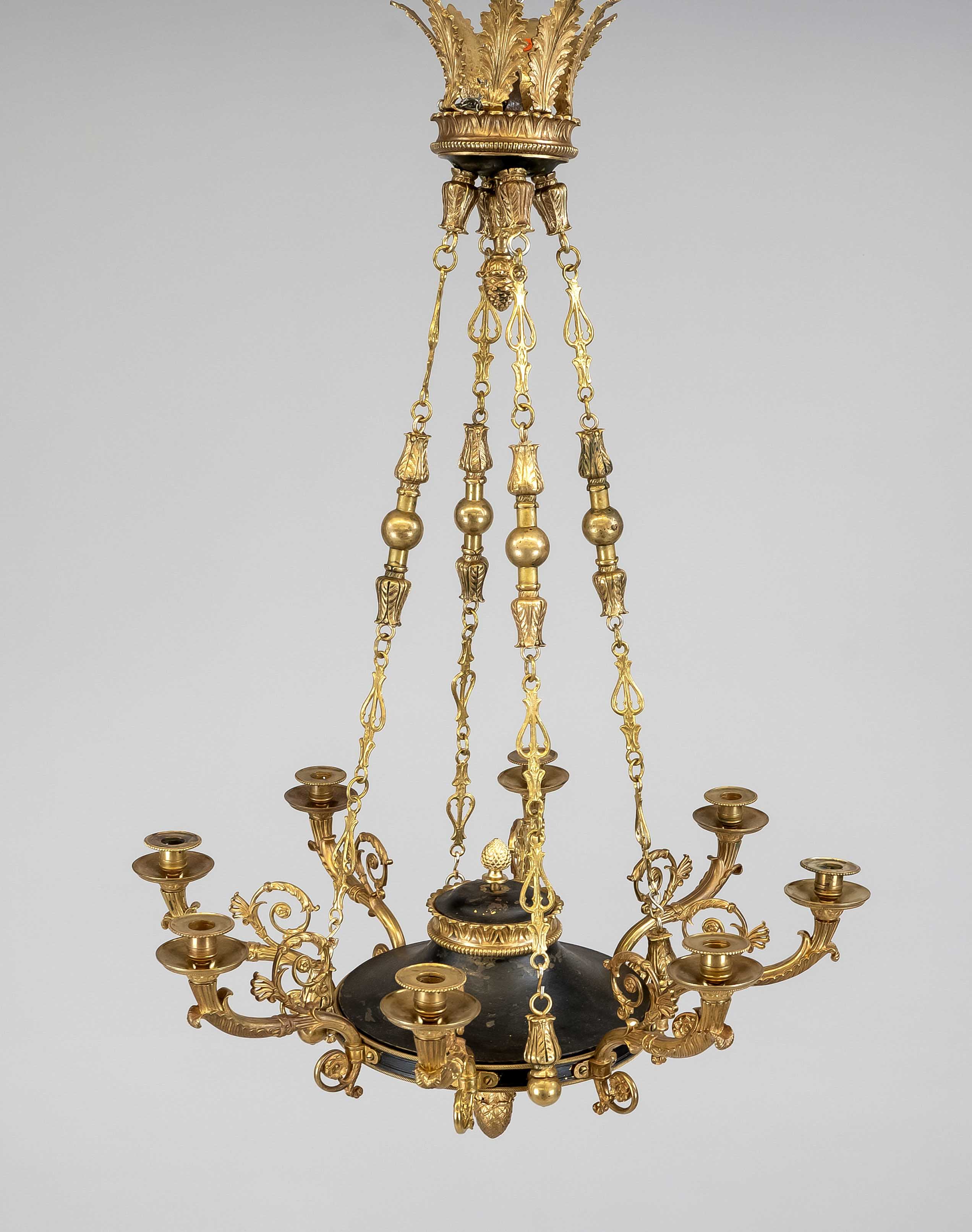 Empire style ceiling chandelier, late 19th century, bronze gilded and iron. Profiled and
