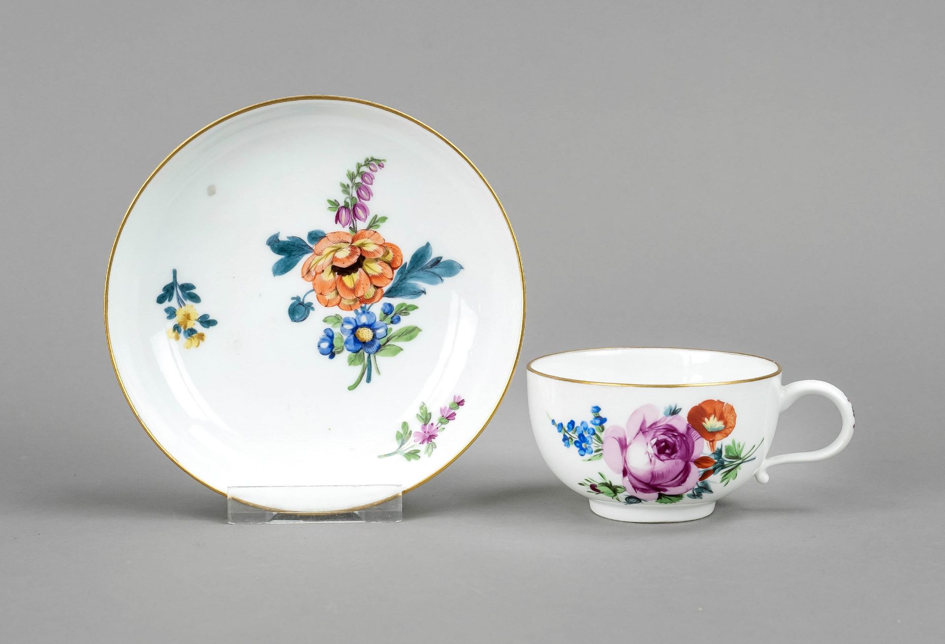 Tea cup with saucer, Meissen, Marcolini mark 1774-1817, hemispherical shape with ear handle,