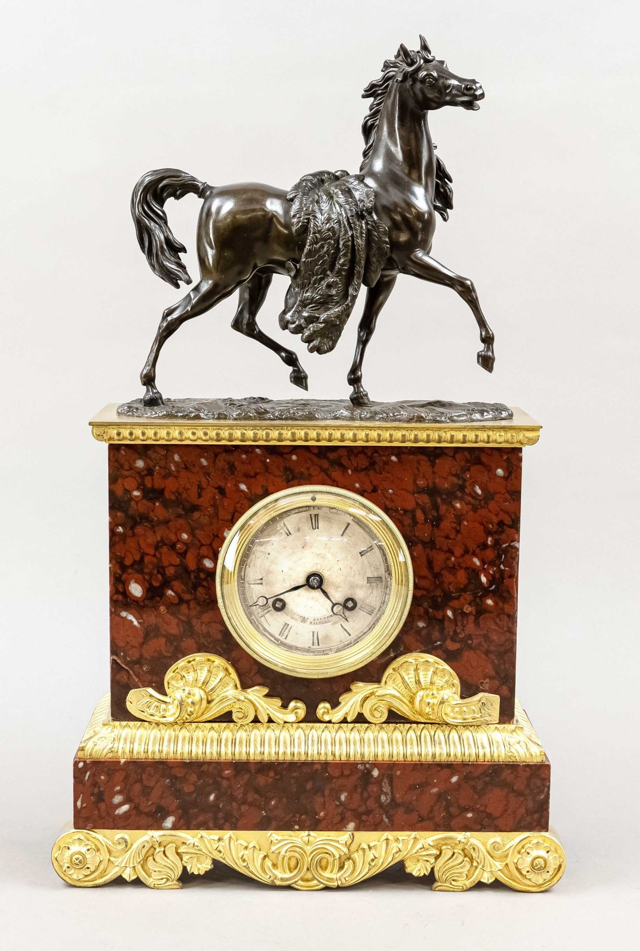 Marble pendulum, red/brown, 1st half 19th c., bronze horse and plinth, dark brown patinated,