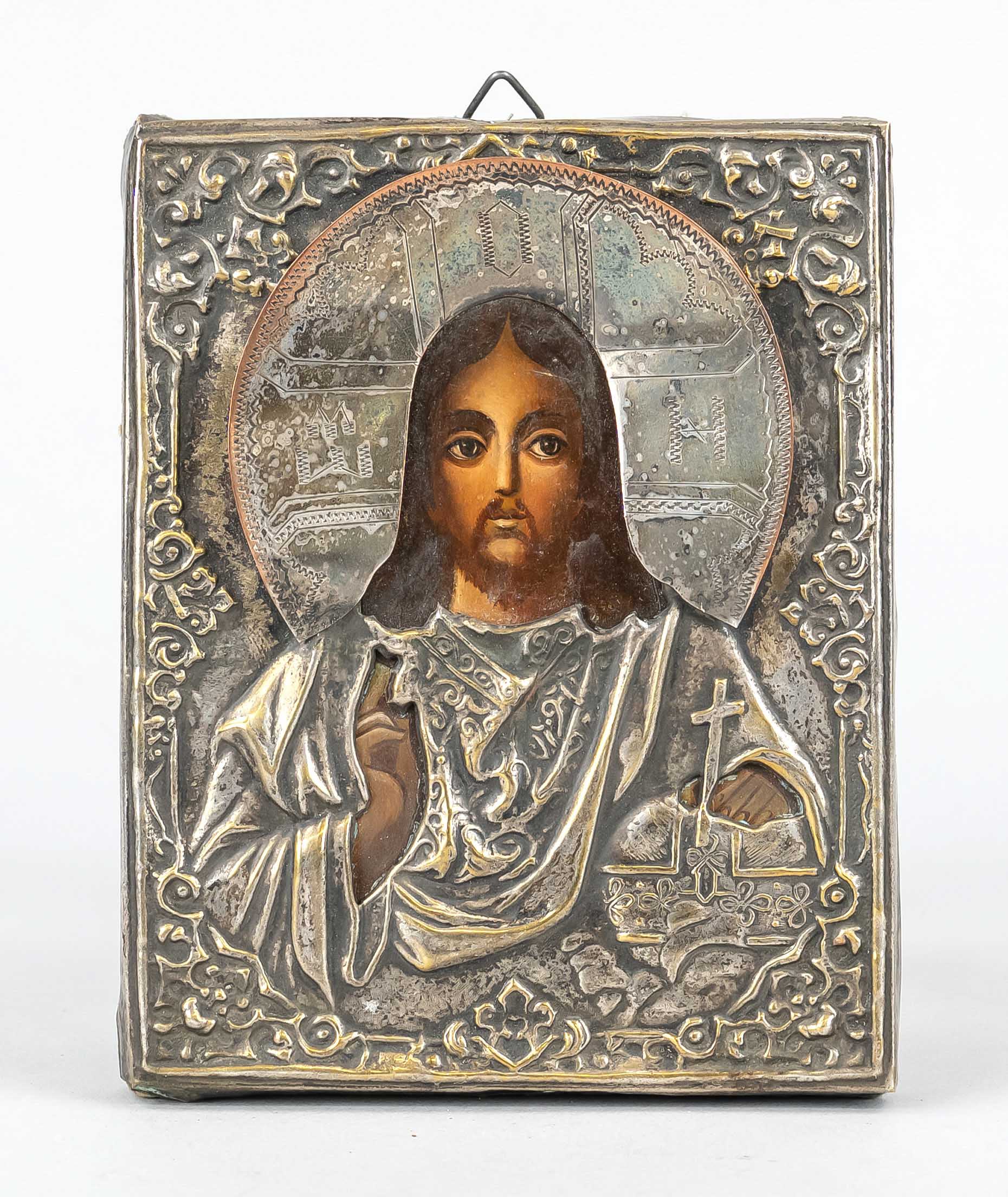 Small icon of Christ Pantorkrator, Russia, 19th/20th c., polychrome painting on wood. Brass and