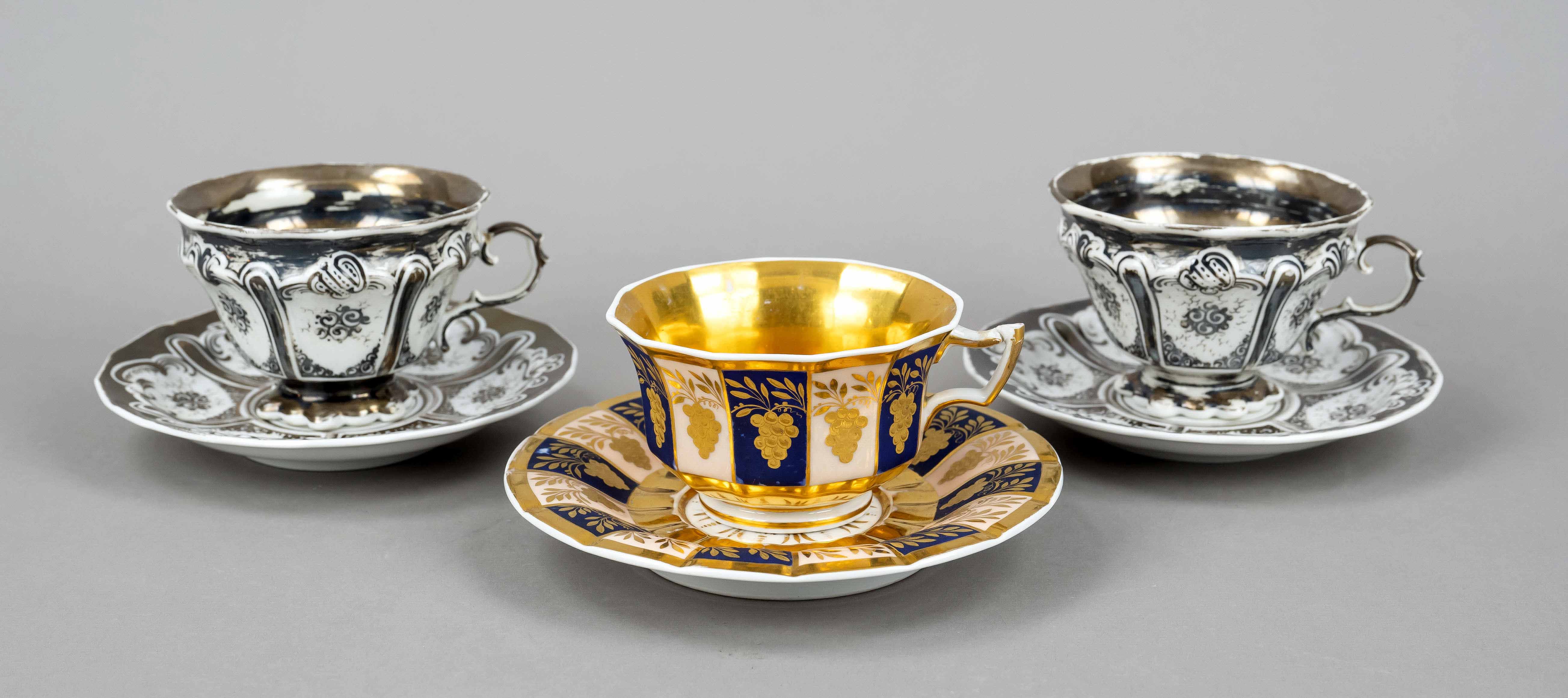 Three cups with saucer, KPM Berlin, marks 1830-70, among others penny mark, 1st choice, 2x 6-edged